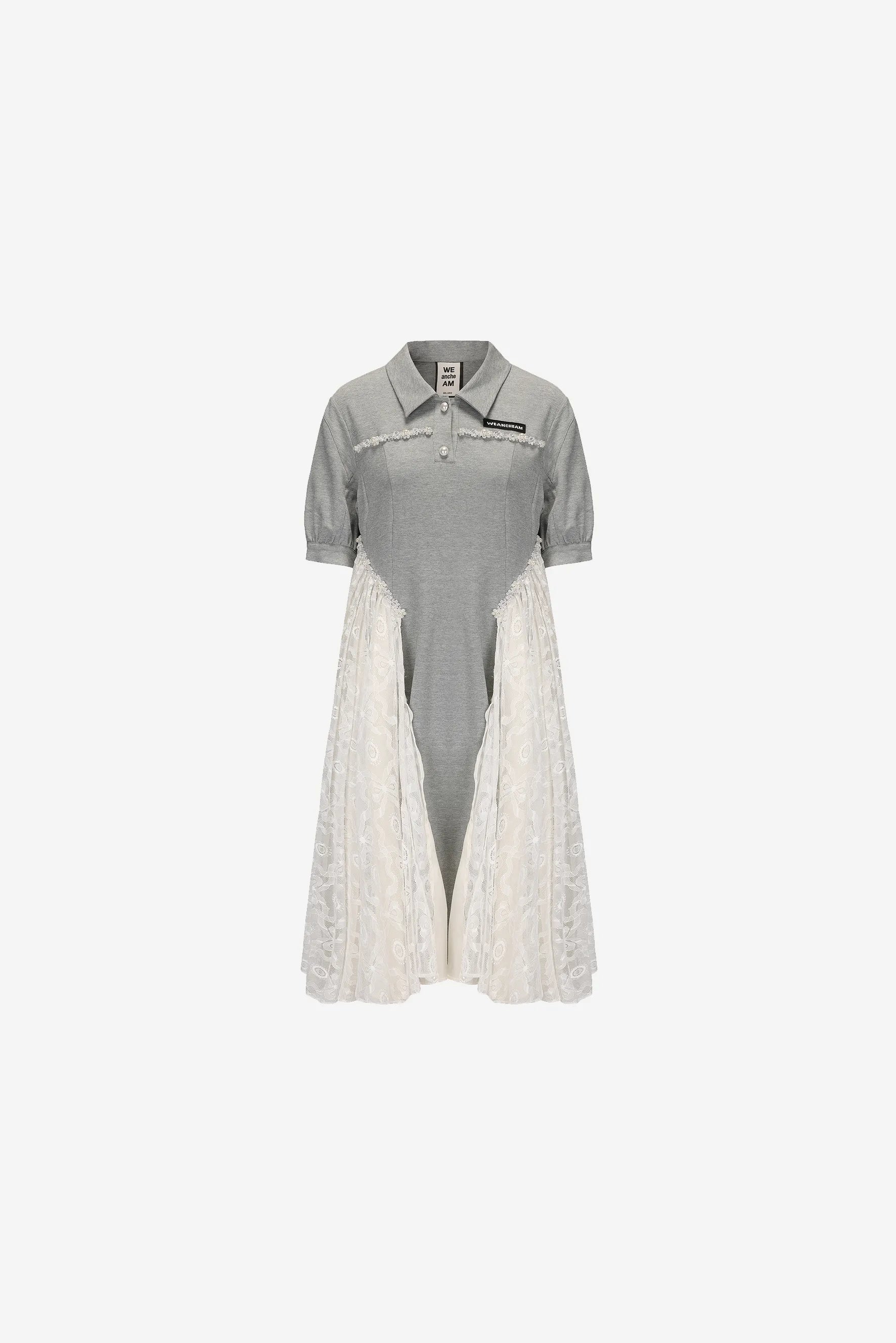 Lace pleated midi dress with polo neckline and pearl details – WEANCHEAM