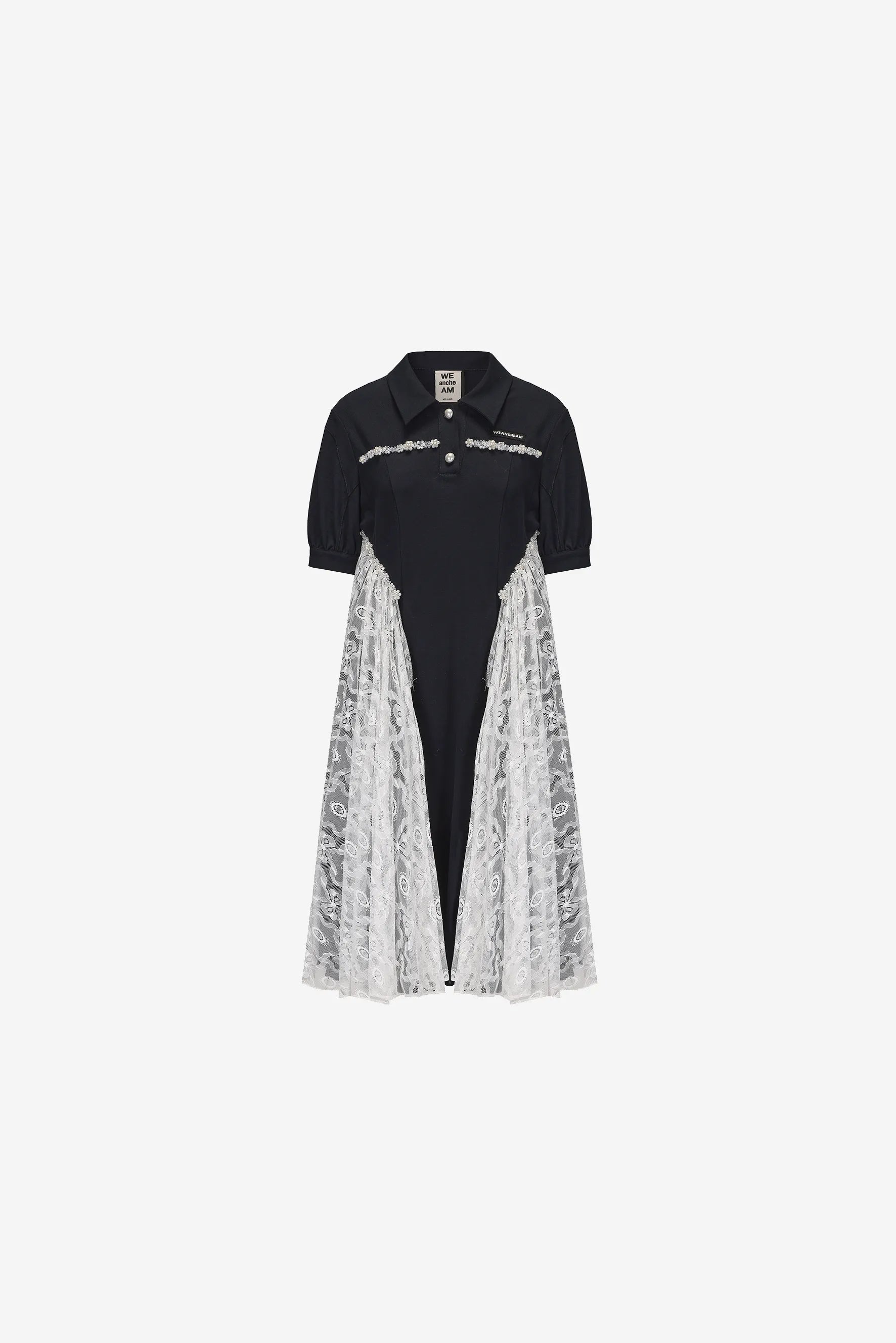 Lace pleated midi dress with polo neckline and pearl details – WEANCHEAM