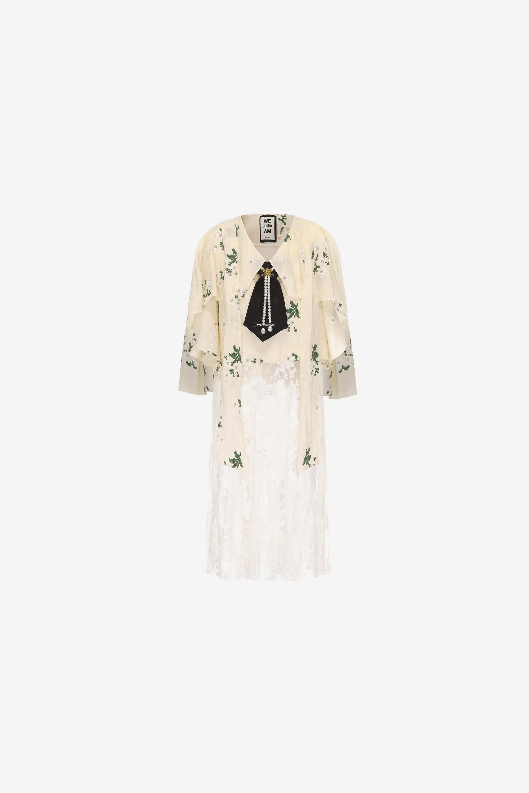 	V-neck flutter hem top with pearl string and black tie – WEANCHEAM