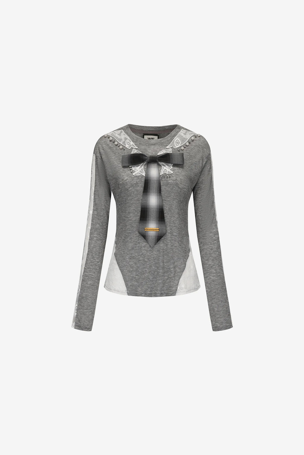 Tie-neck wool T-shirt with lace panel and bow collar – WEANCHEAM
