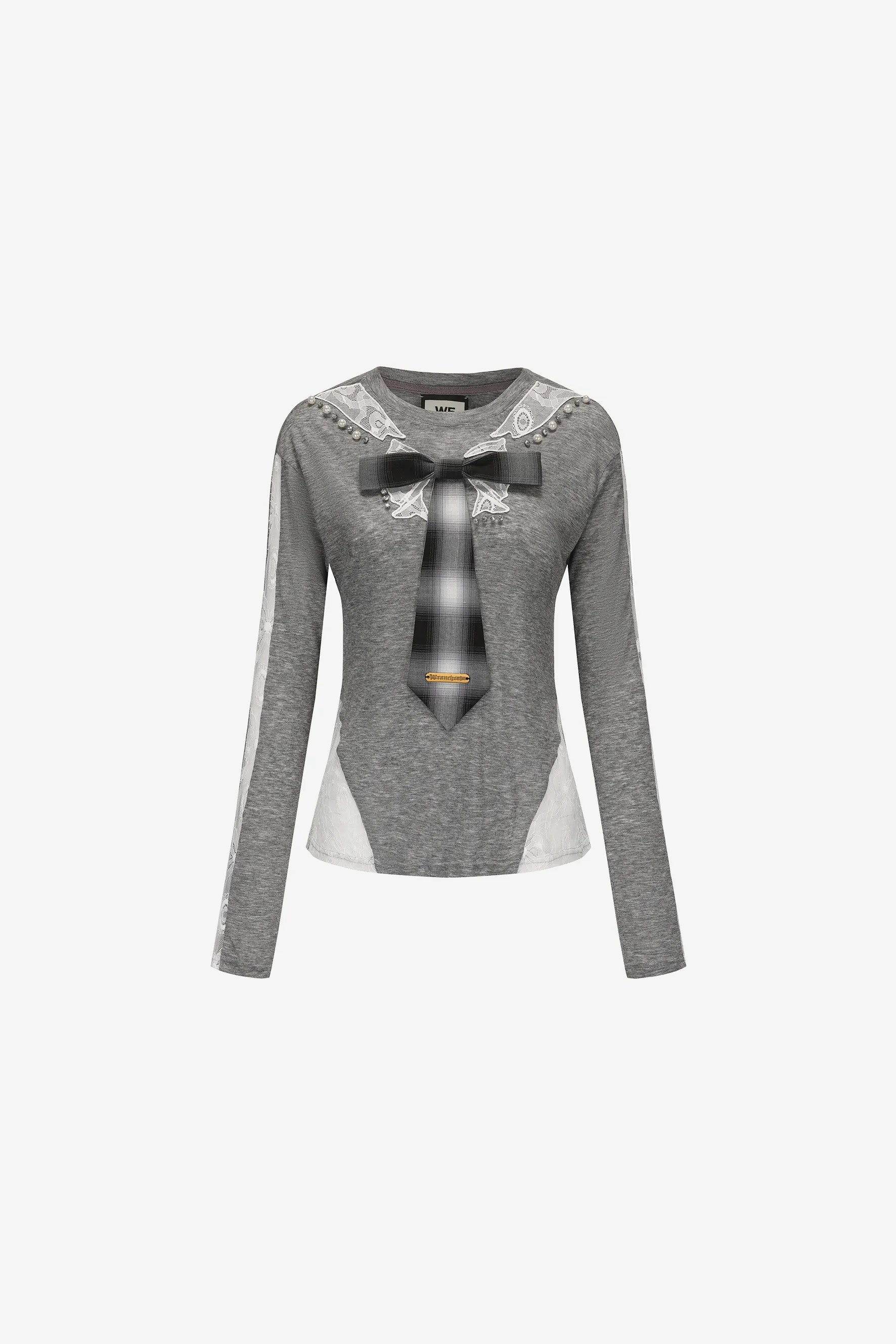 Tie-neck wool T-shirt with lace panel and bow collar – WEANCHEAM