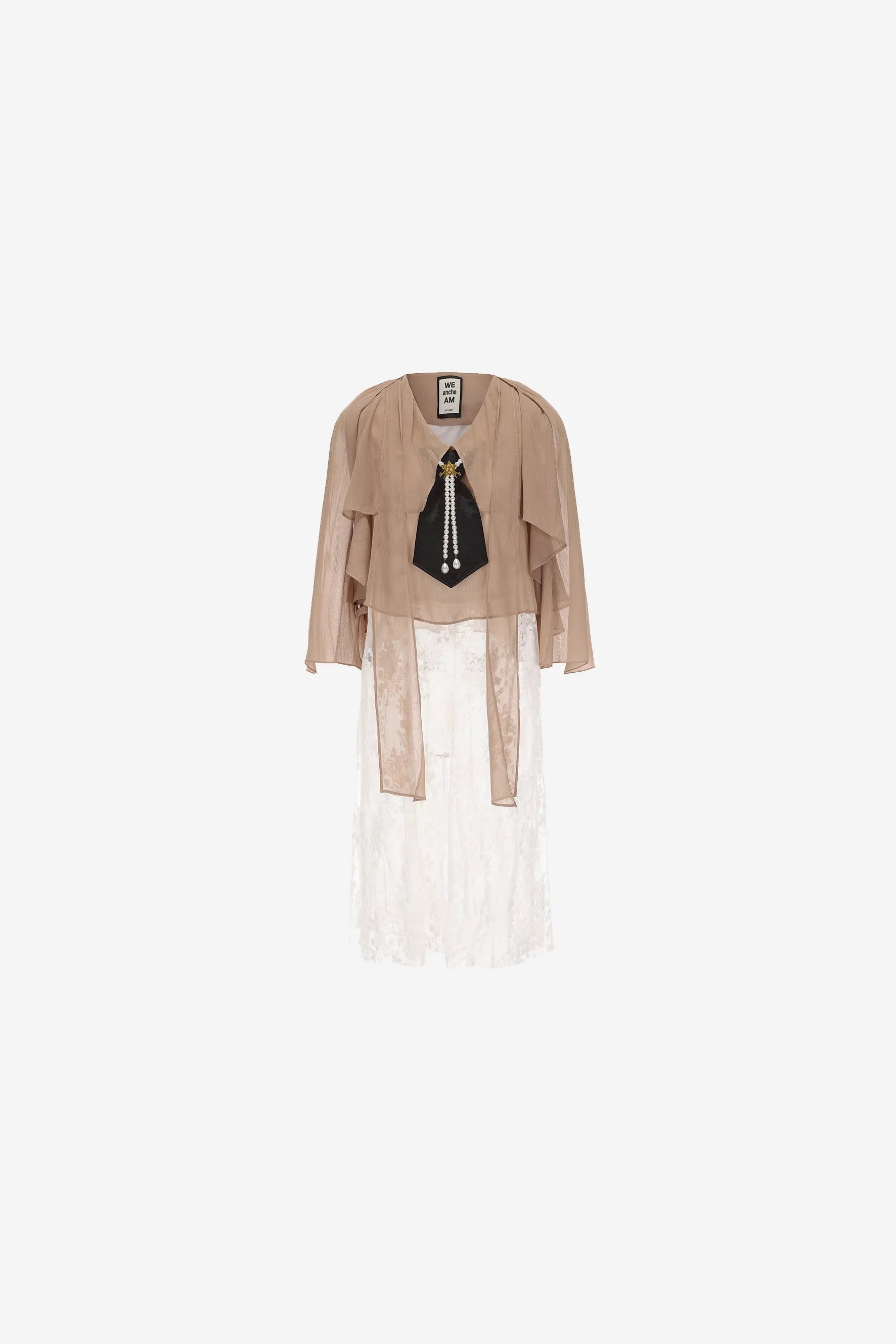 V-neck flutter hem top with pearl string and black tie – WEANCHEAM