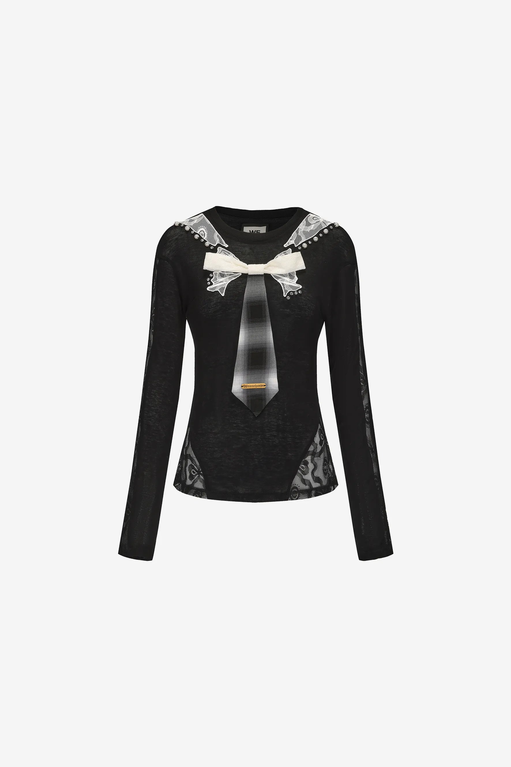 Tie-neck wool T-shirt with lace panel and bow collar – WEANCHEAM