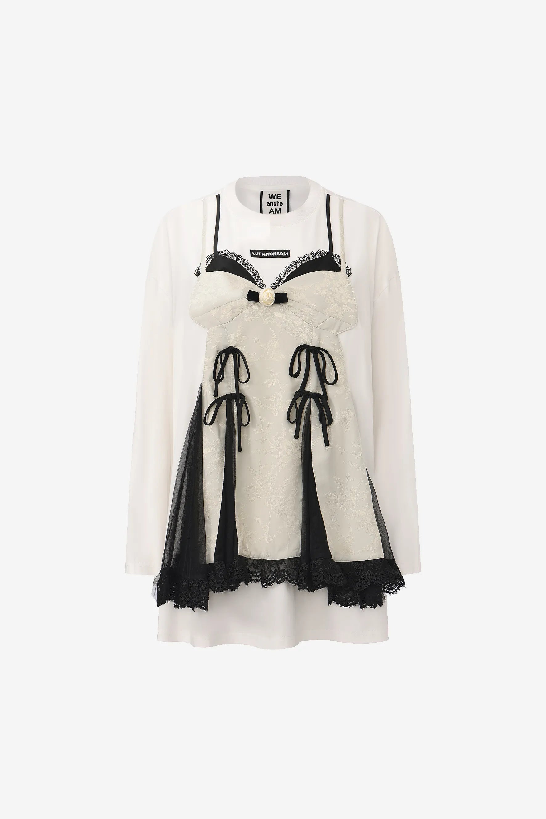 Faux two-piece bow long-sleeve T-shirt with satin overlay and lace hem – WEANCHEAM