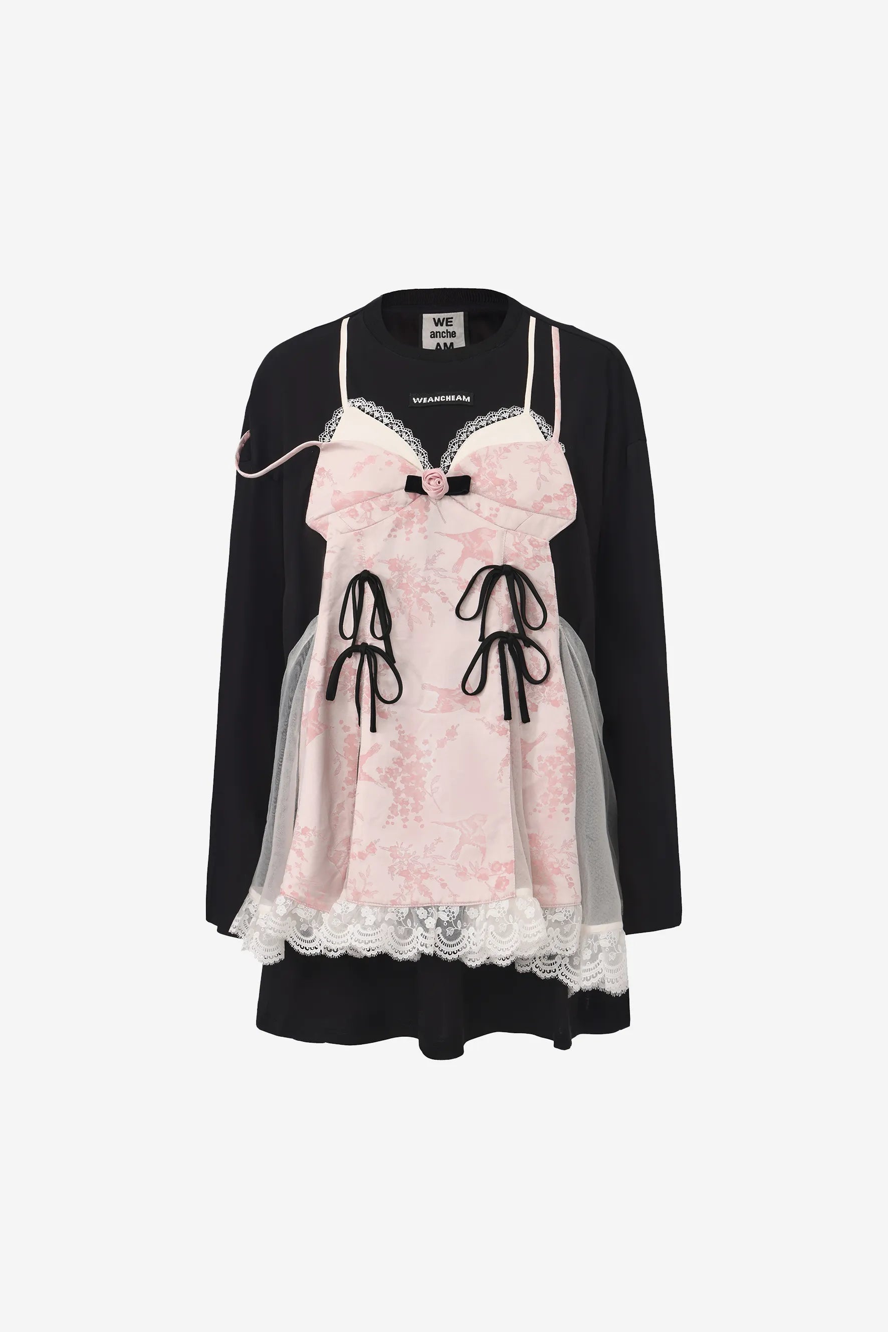 Faux two-piece bow long-sleeve T-shirt with satin overlay and lace hem – WEANCHEAM