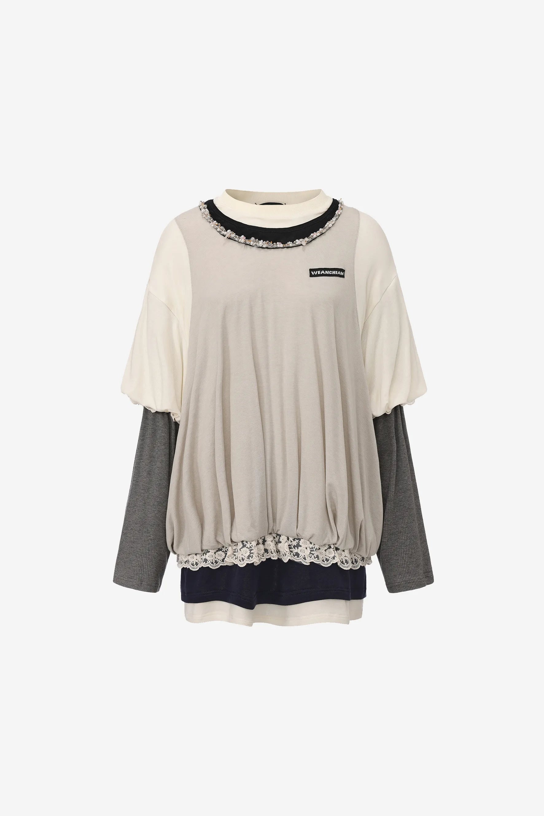 Sports loose-fit long-sleeve faux two-piece T-shirt with color blocking – WEANCHEAM