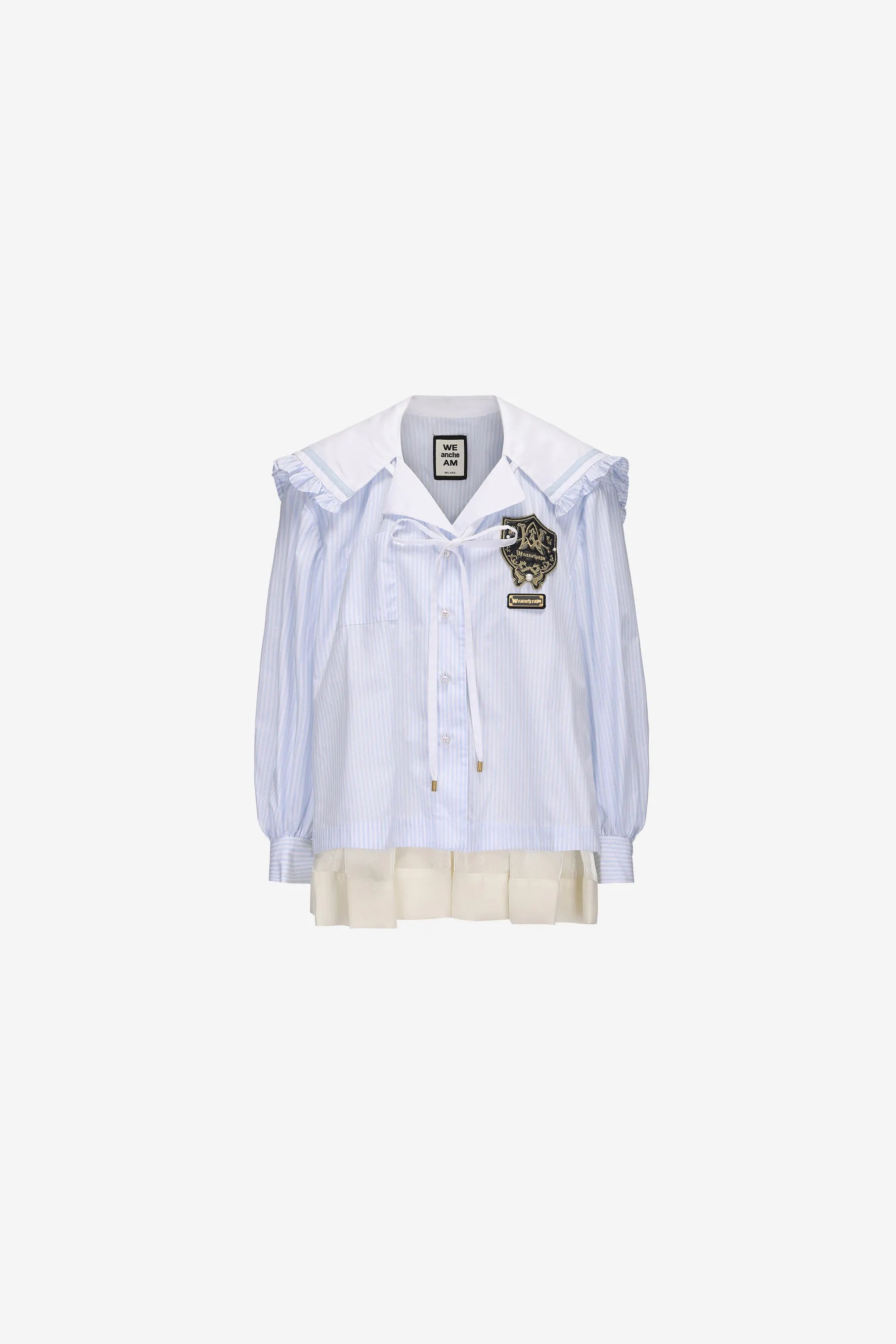 Ruffle hem shirt dress with navy collar and bow tie – WEANCHEAM