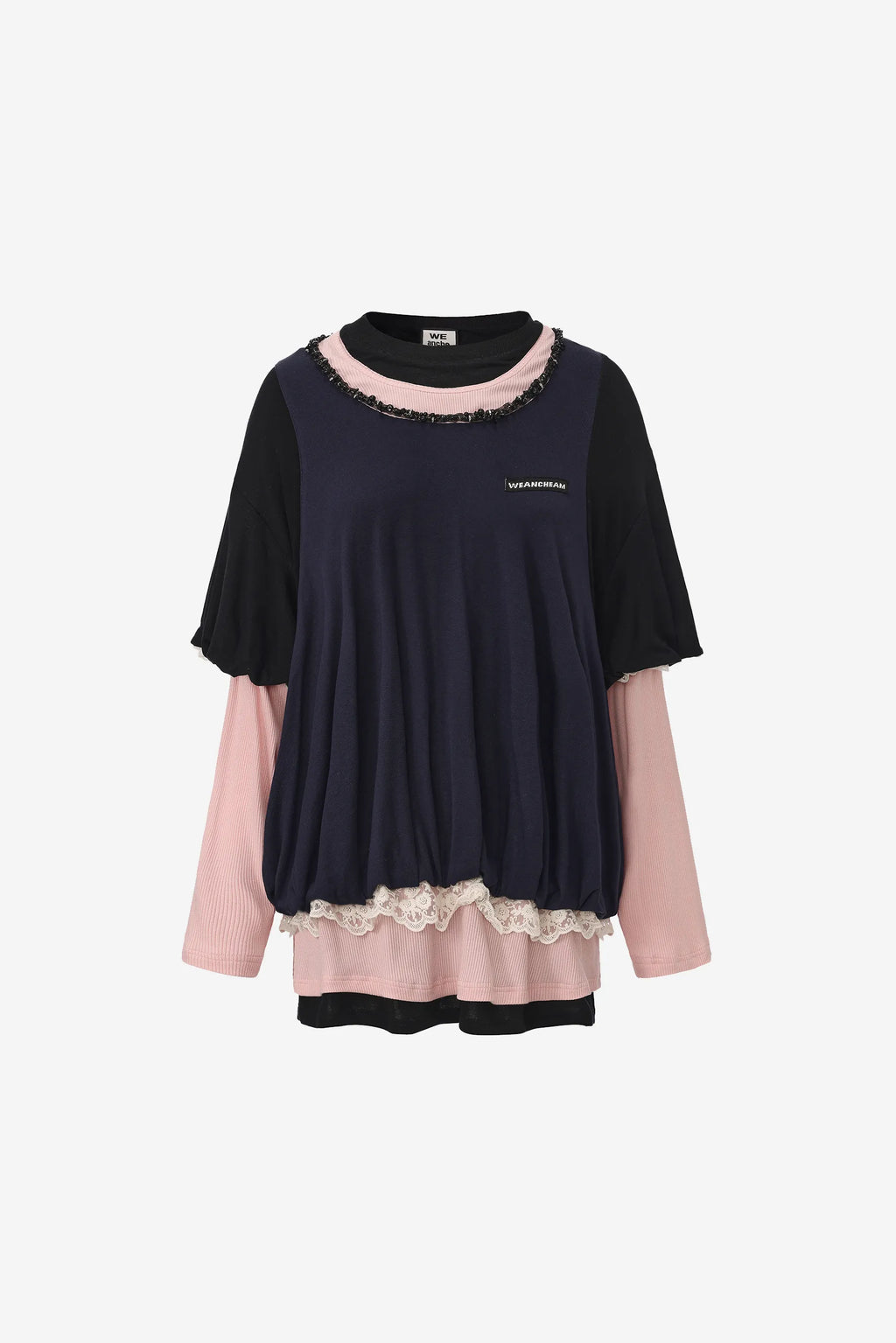 Sports loose-fit long-sleeve faux two-piece T-shirt with color blocking – WEANCHEAM