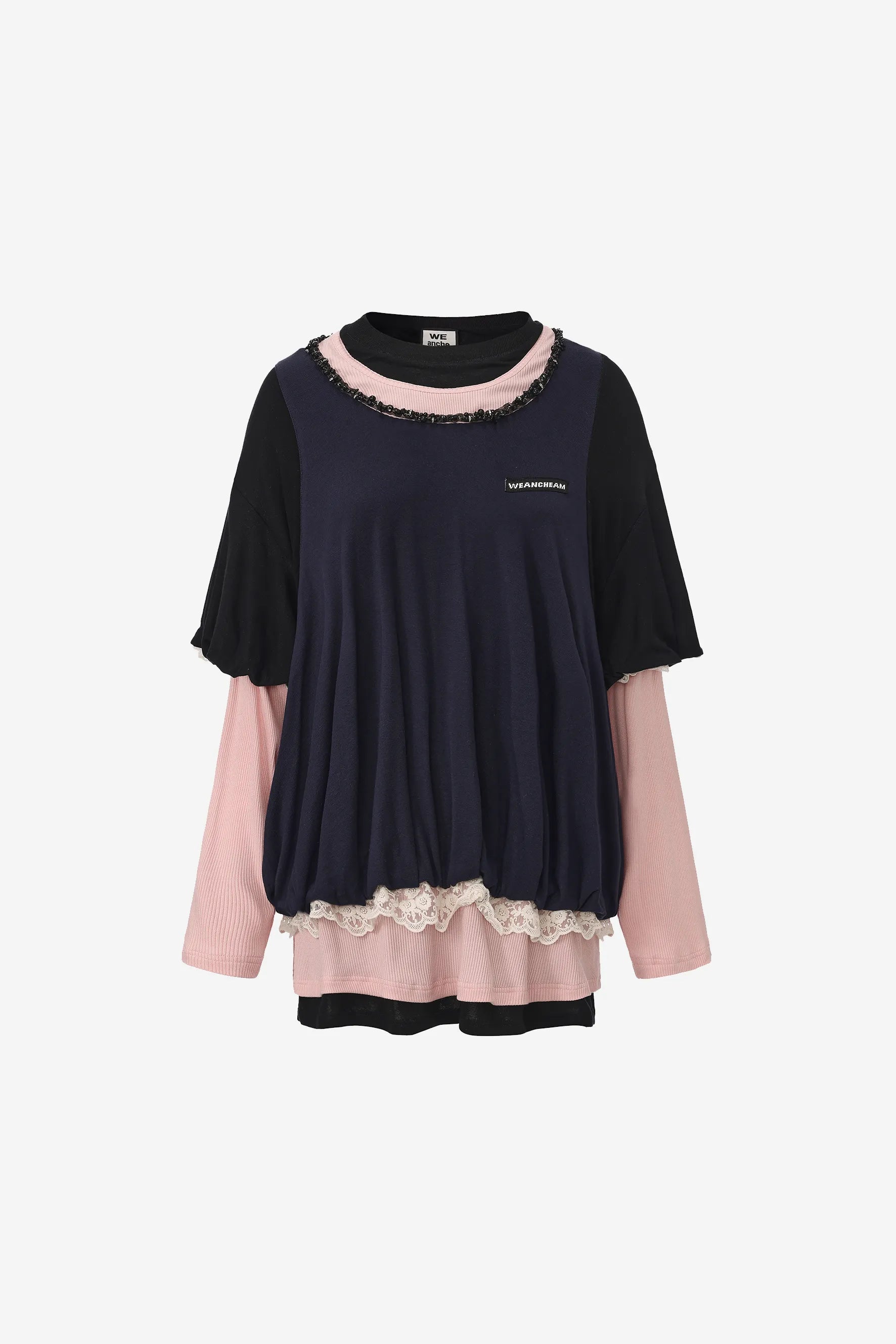 Sports loose-fit long-sleeve faux two-piece T-shirt with color blocking – WEANCHEAM