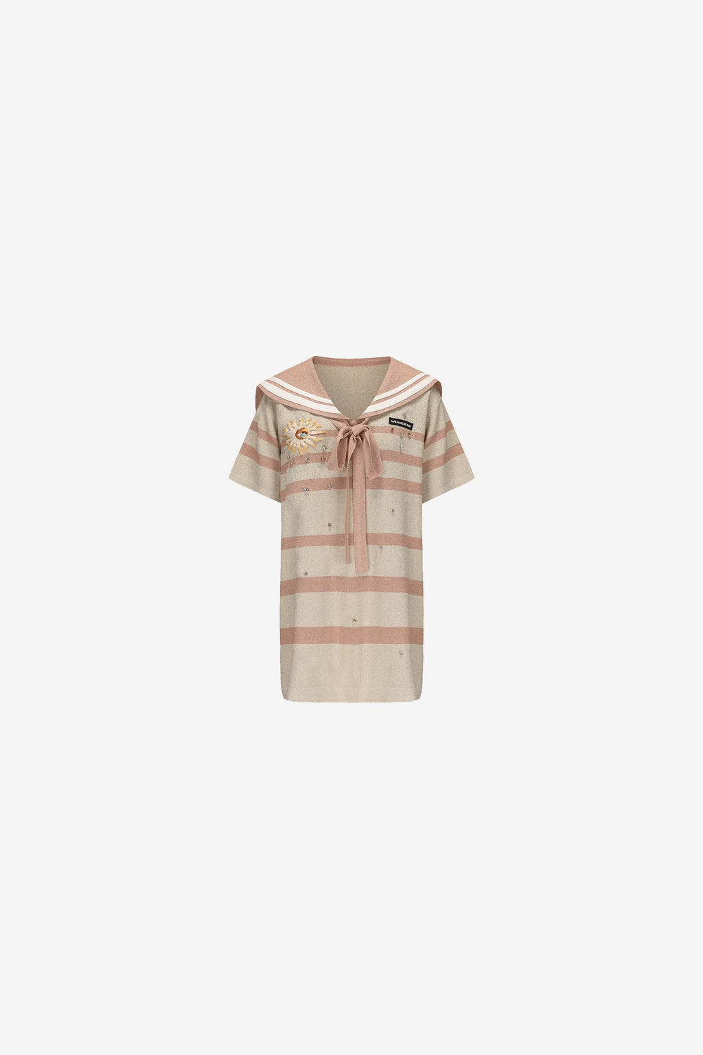 Striped A-line dress with navy collar and bubble sleeves – WEANCHEAM
