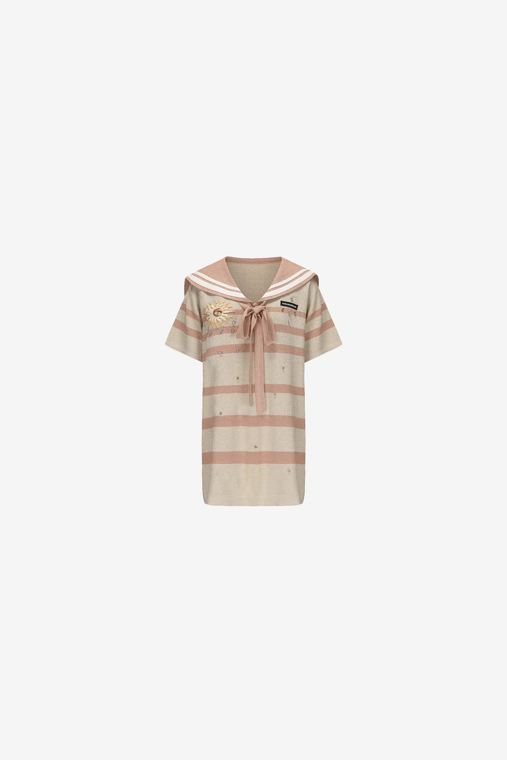 Striped A-line dress with navy collar and bubble sleeves – WEANCHEAM
