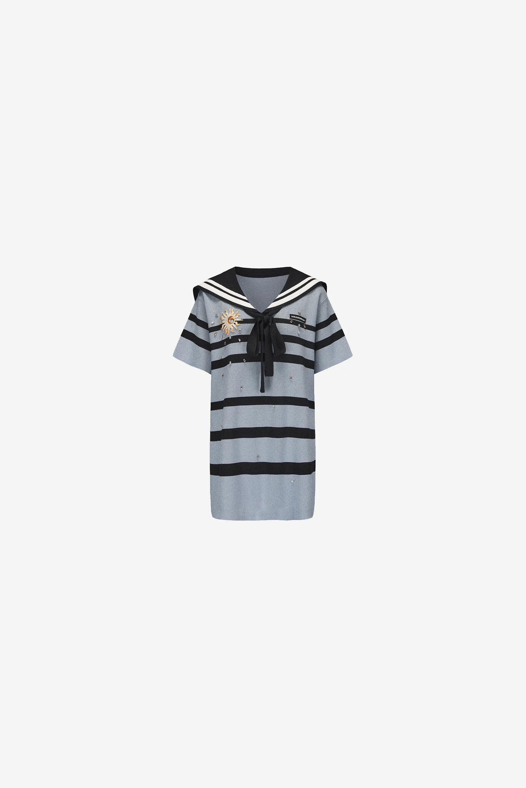 Striped A-line dress with navy collar and bubble sleeves – WEANCHEAM