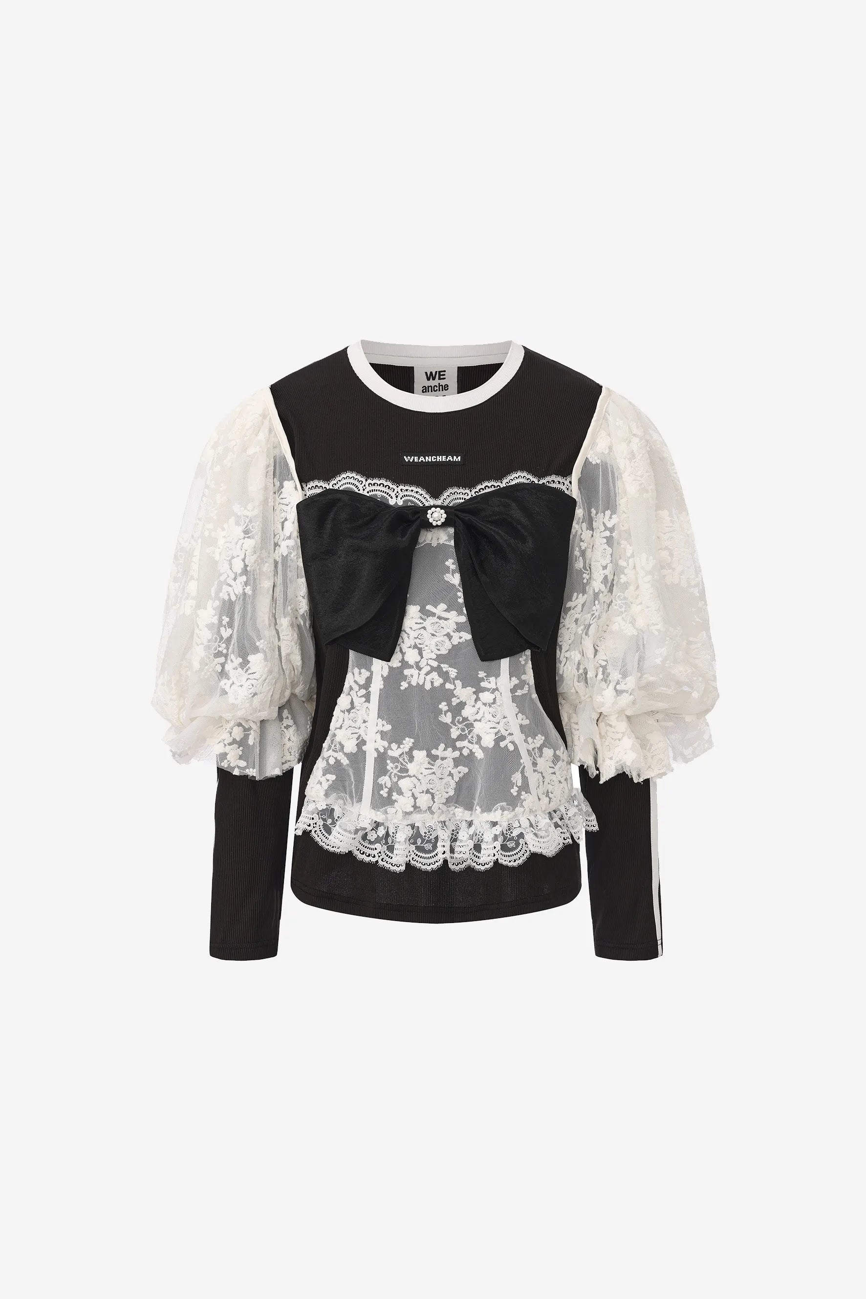 Faux two-piece vintage lace fitted top with bow detail and detachable sleeves – WEANCHEAM