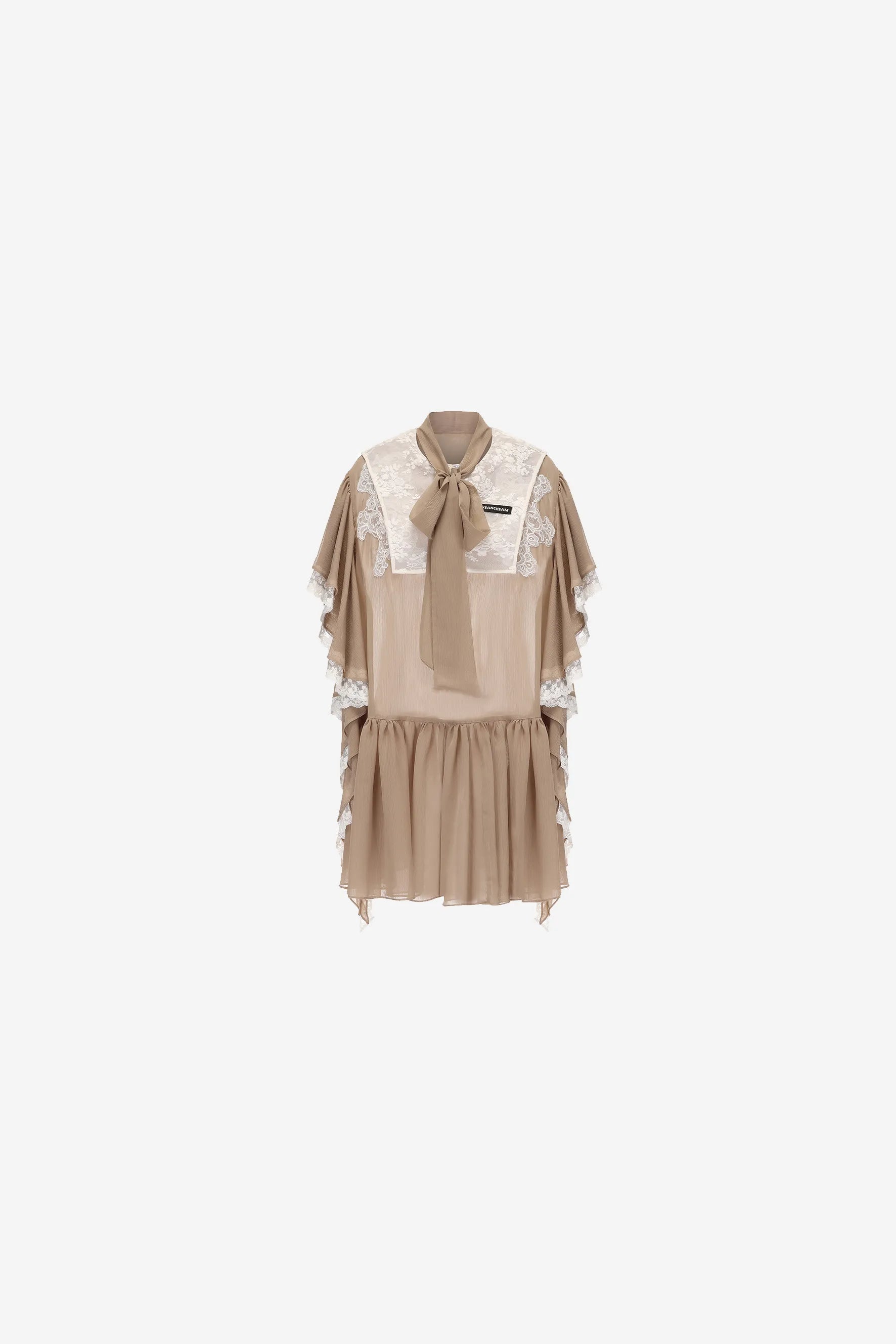 Pastel lace chiffon dress with tie neckline and ruffle sleeves – WEANCHEAM