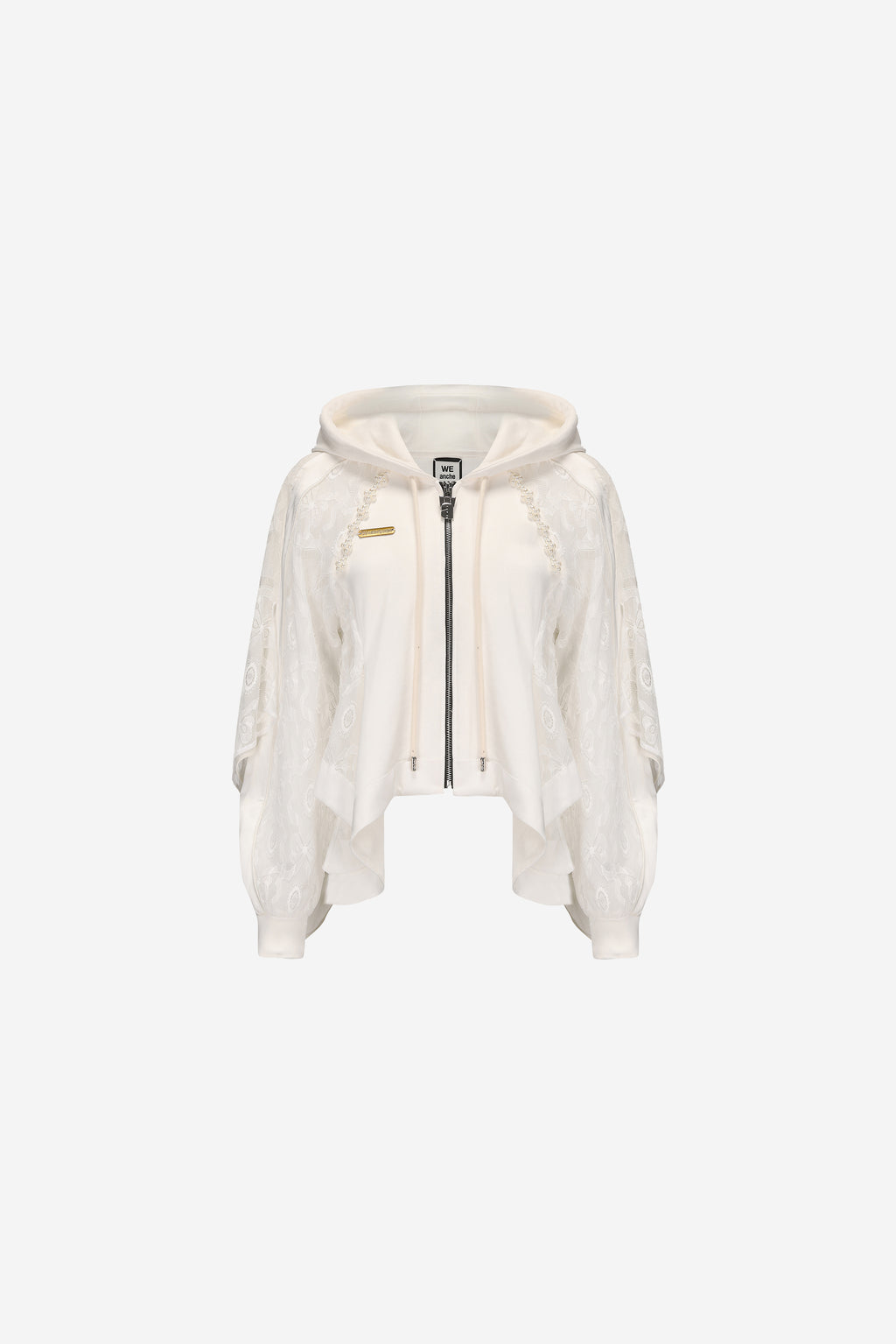 Deconstructed caped jacket with lace appliqué and bead details
