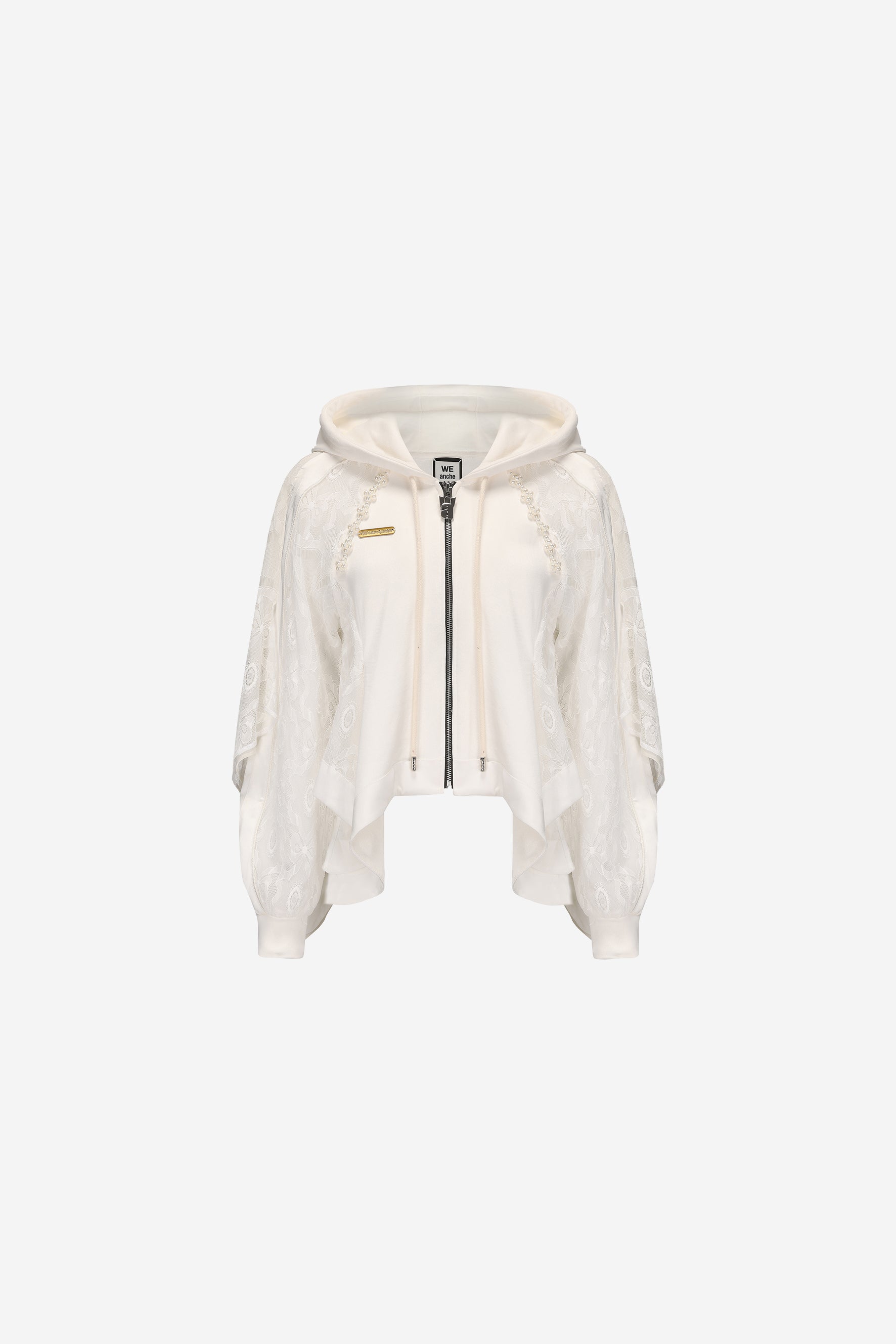 Deconstructed caped jacket with lace appliqué and bead details
