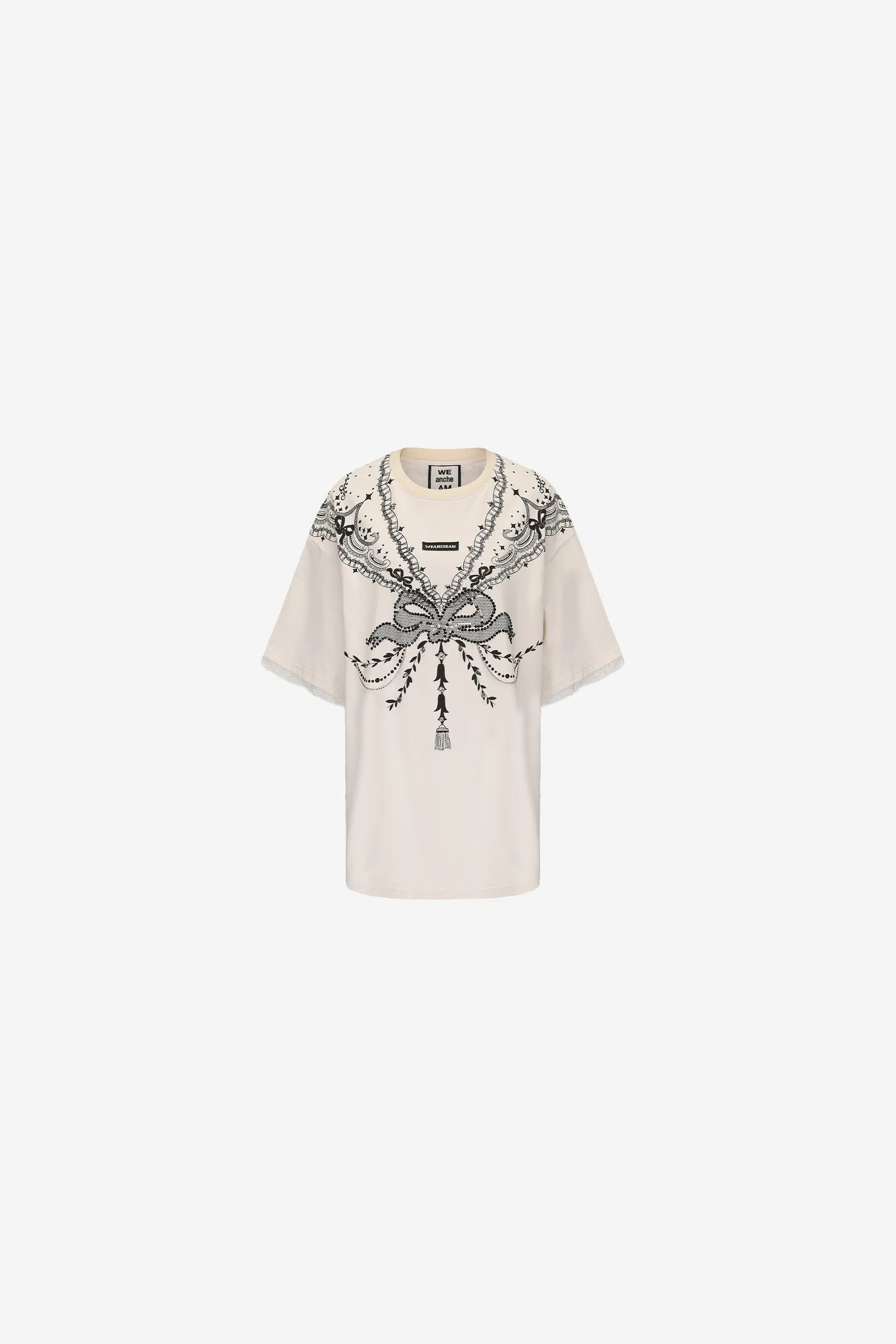 Lace printed rhinestone T-shirt with hand-sewn beadwork – WEANCHEAM