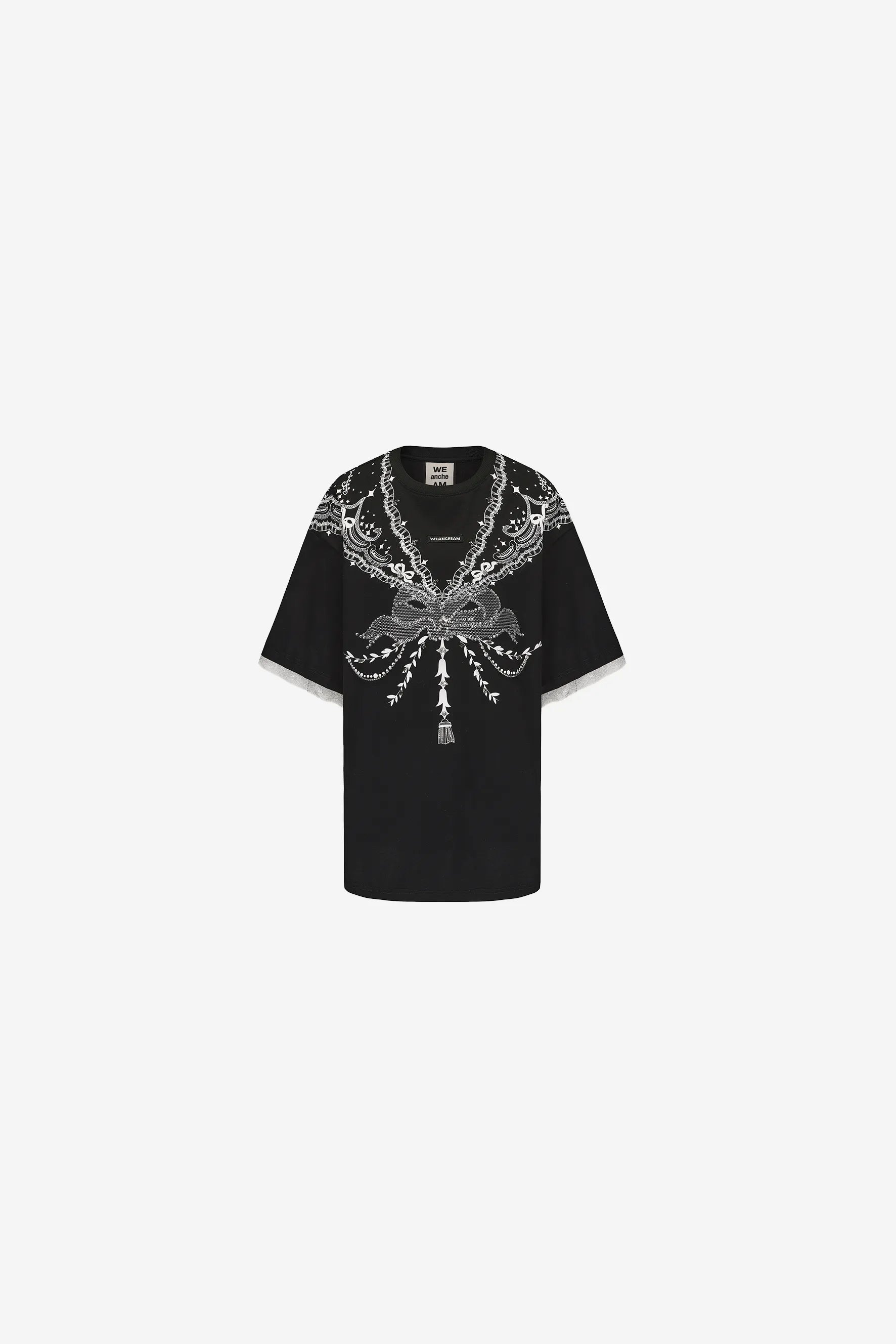 Lace printed rhinestone T-shirt with hand-sewn beadwork – WEANCHEAM