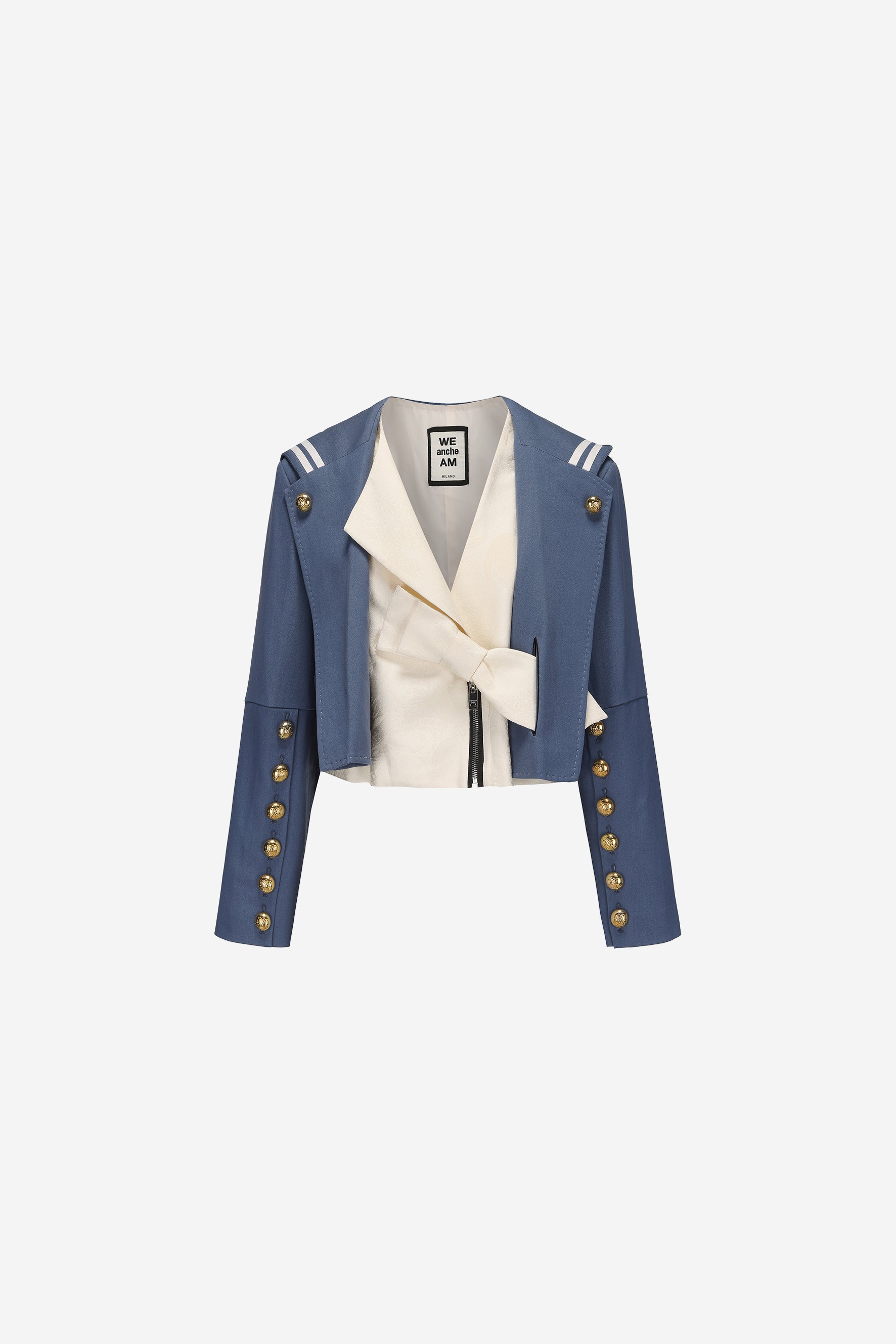 Samurai cropped hooded blazer in herringbone wool with bow tie