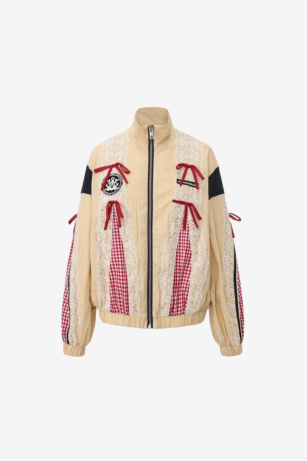 Lace bow patchwork jacket with satin panels and embroidered lace trim – WEANCHEAM