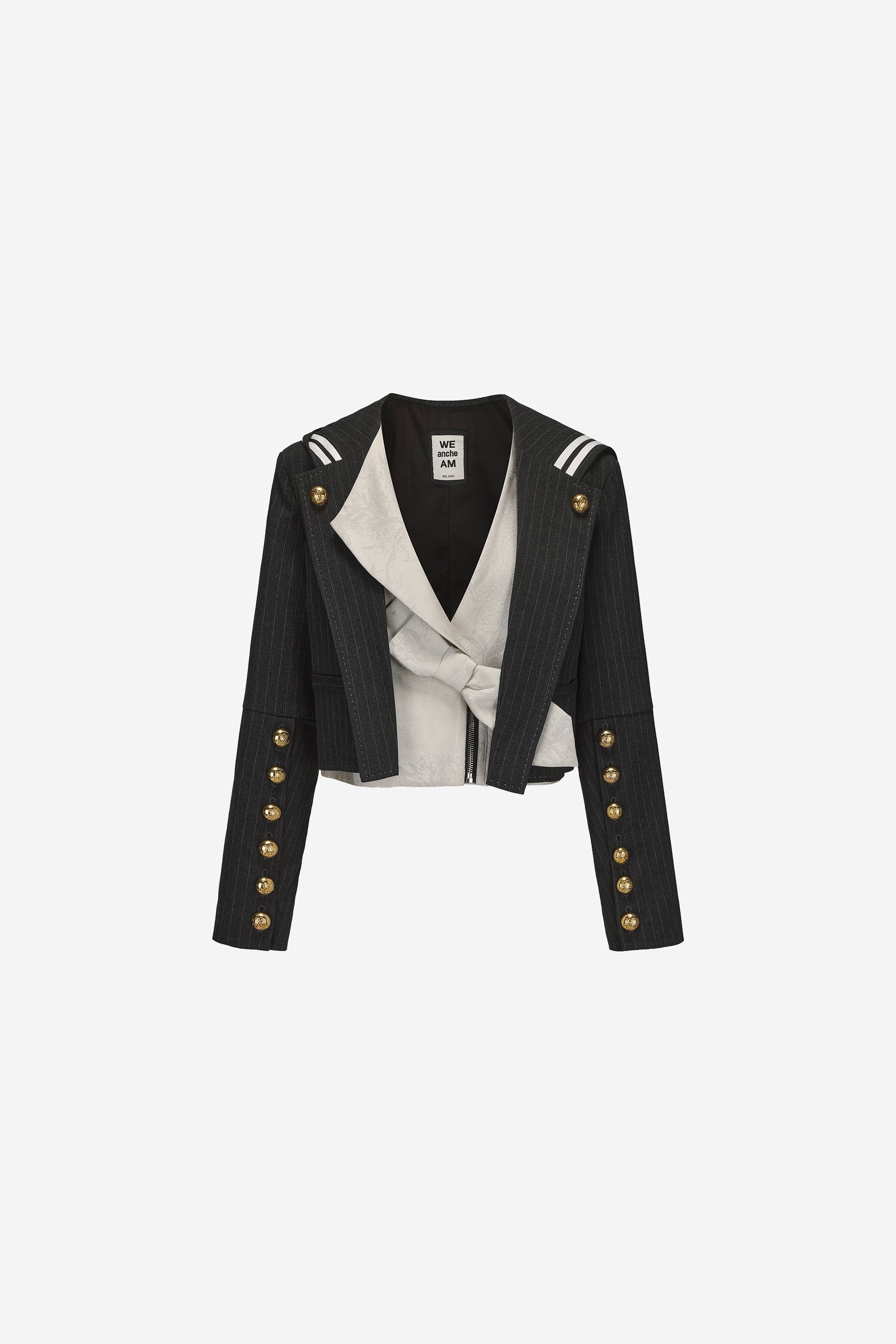 Samurai cropped hooded blazer in herringbone wool with bow tie