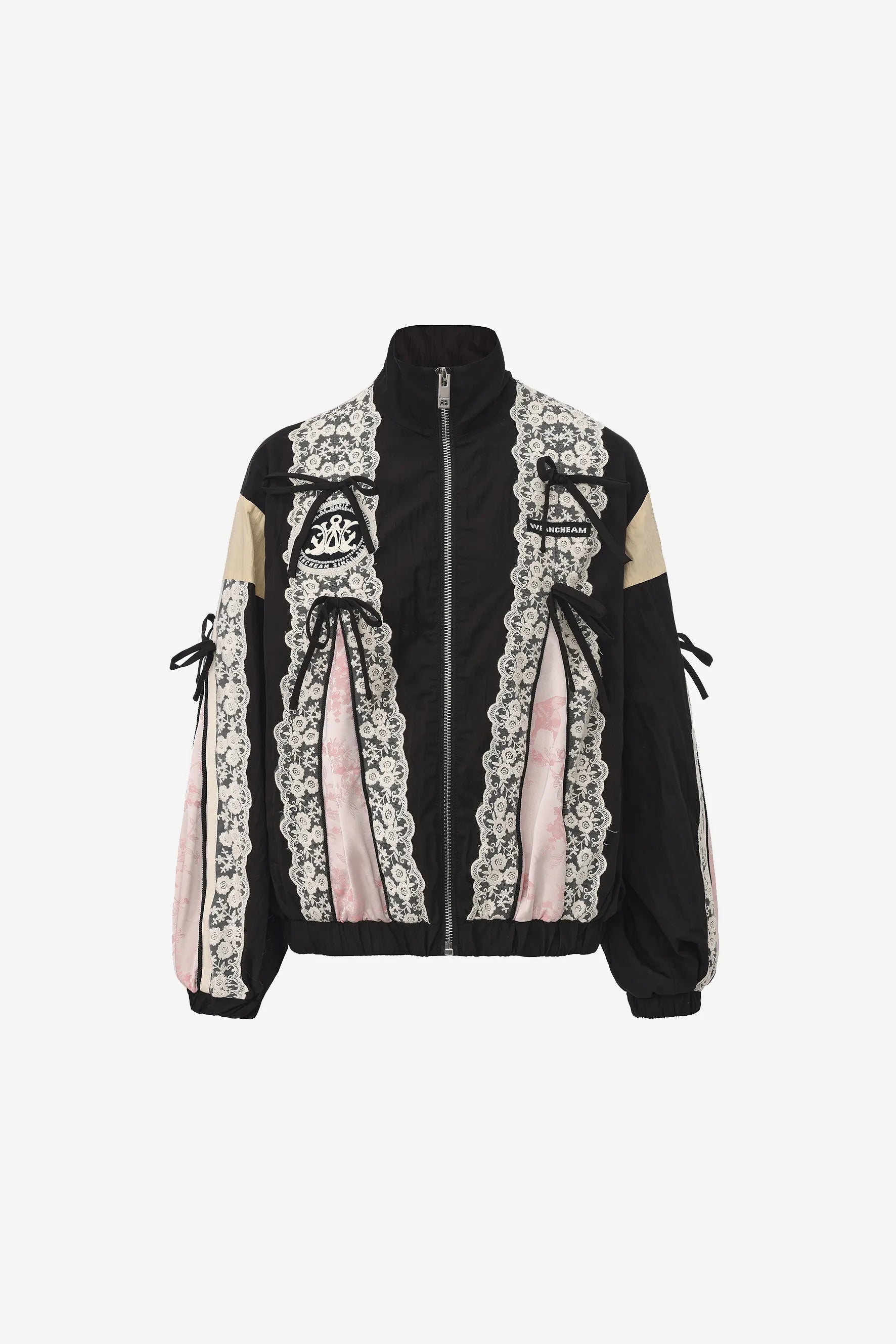 Lace bow patchwork jacket with satin panels and embroidered lace trim – WEANCHEAM