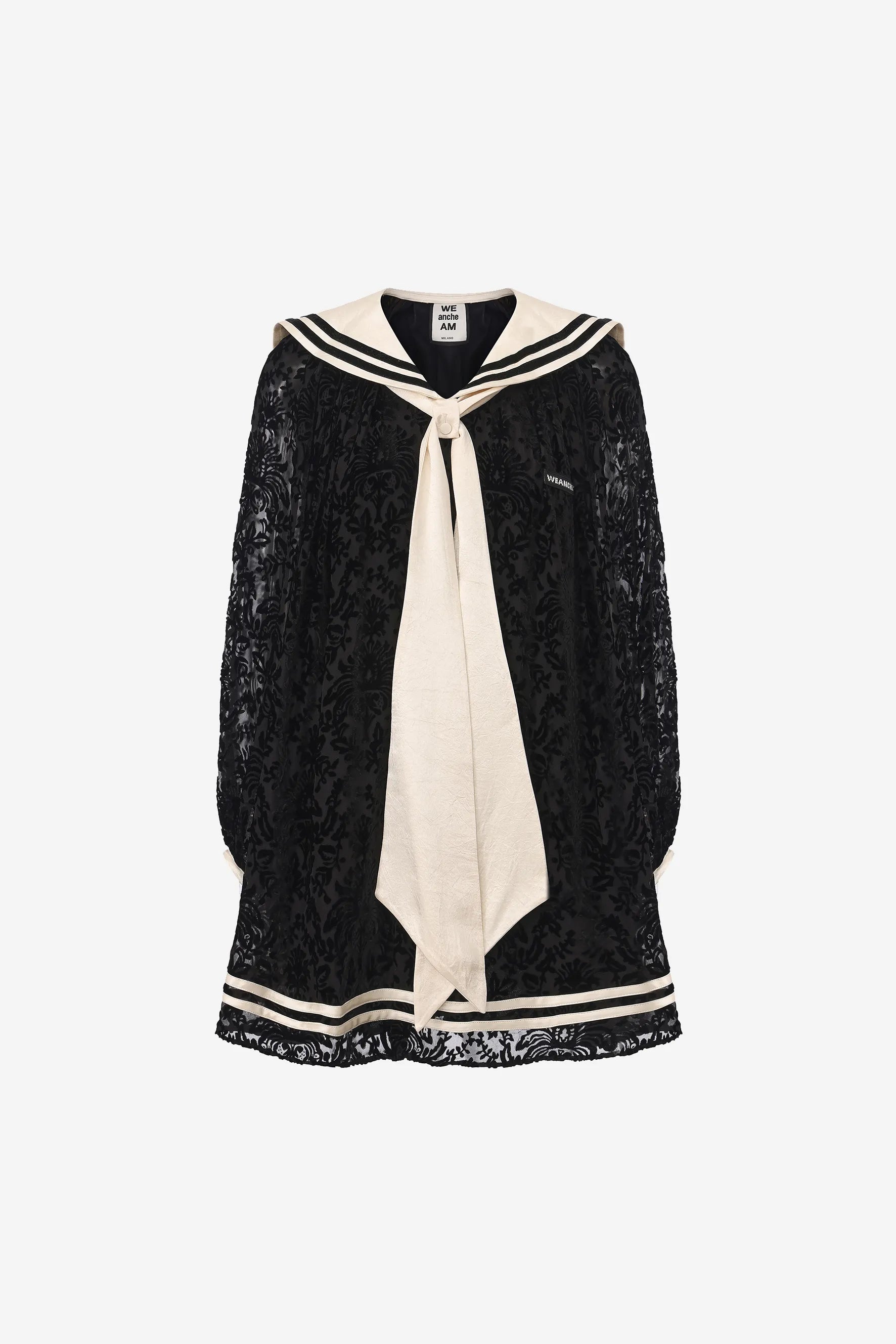 Long flowing navy collar dress with ribbon neckline and A-line silhouette – WEANCHEAM
