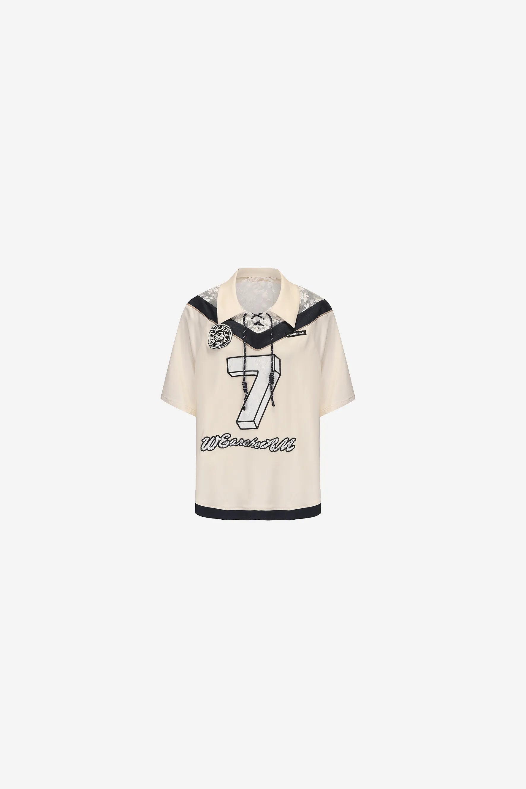 Oversized lace sports T-shirt with raglan sleeves and tie neckline – WEANCHEAM