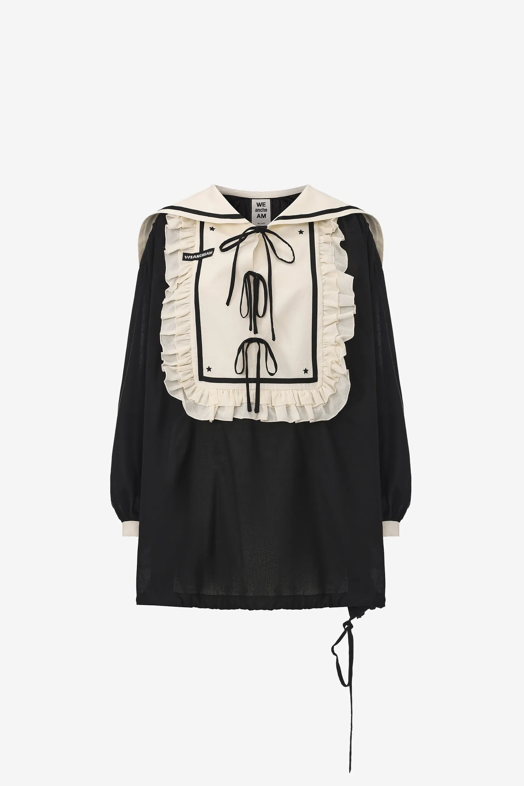 Bow tie navy collar shirt with lace-trim color blocking and ribbon accents – WEANCHEAM