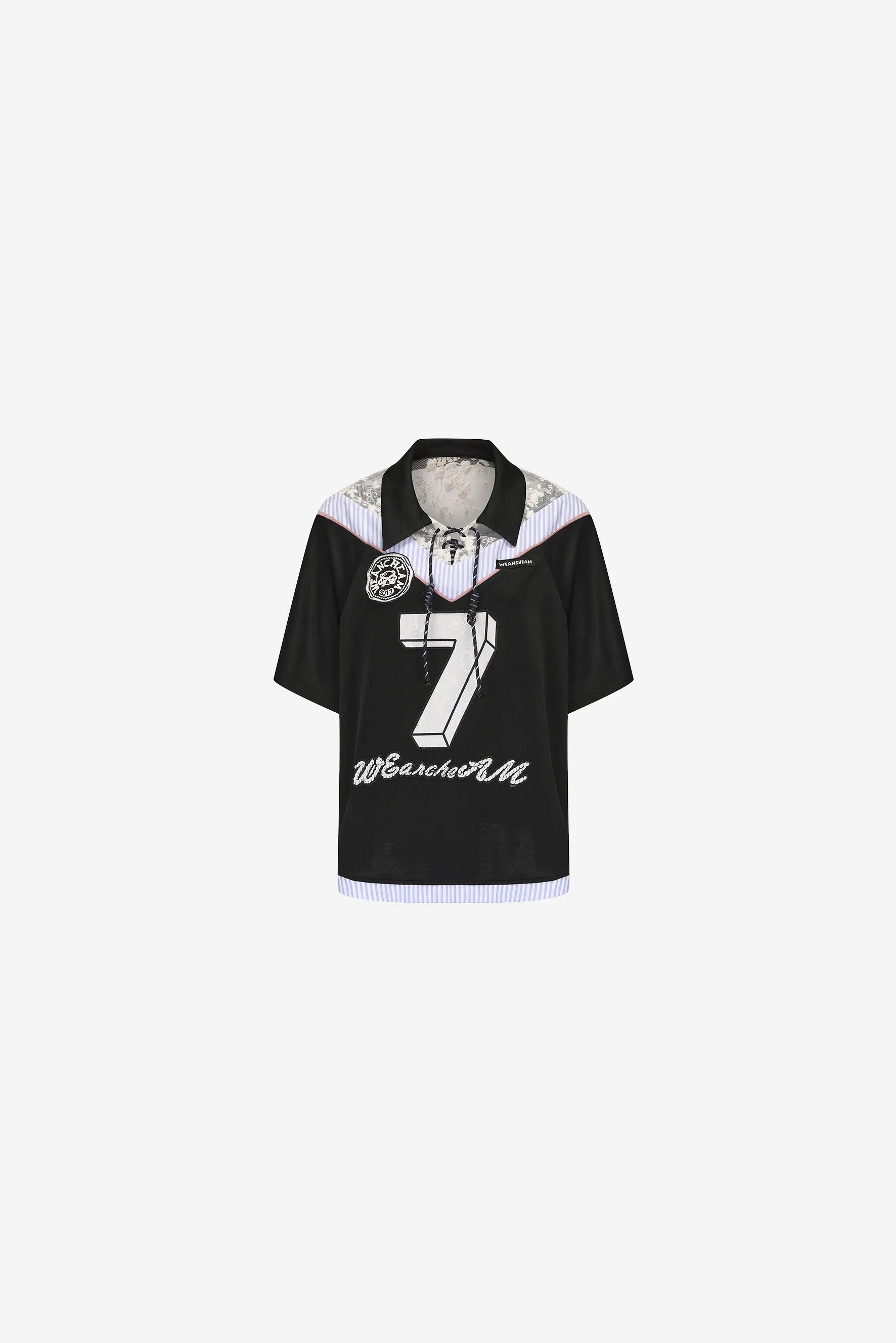 Oversized lace sports T-shirt with raglan sleeves and tie neckline – WEANCHEAM