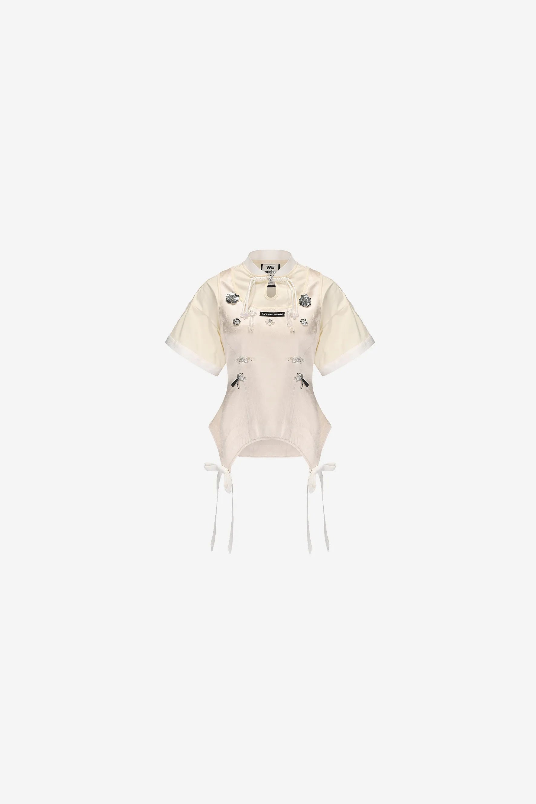 Beaded oriental T-shirt with bow neckline and plated buttons – WEANCHEAM