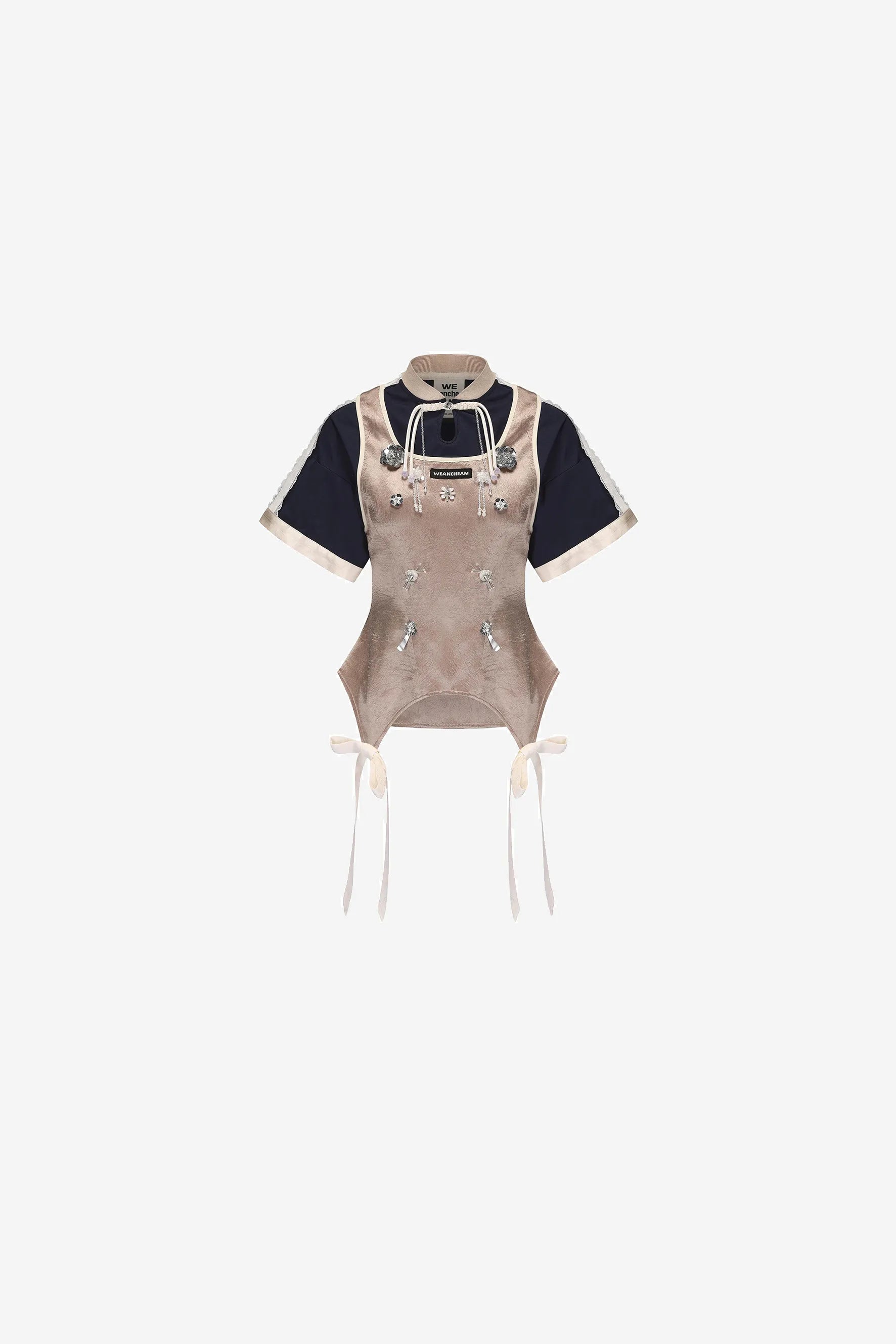 Beaded oriental T-shirt with bow neckline and plated buttons – WEANCHEAM 