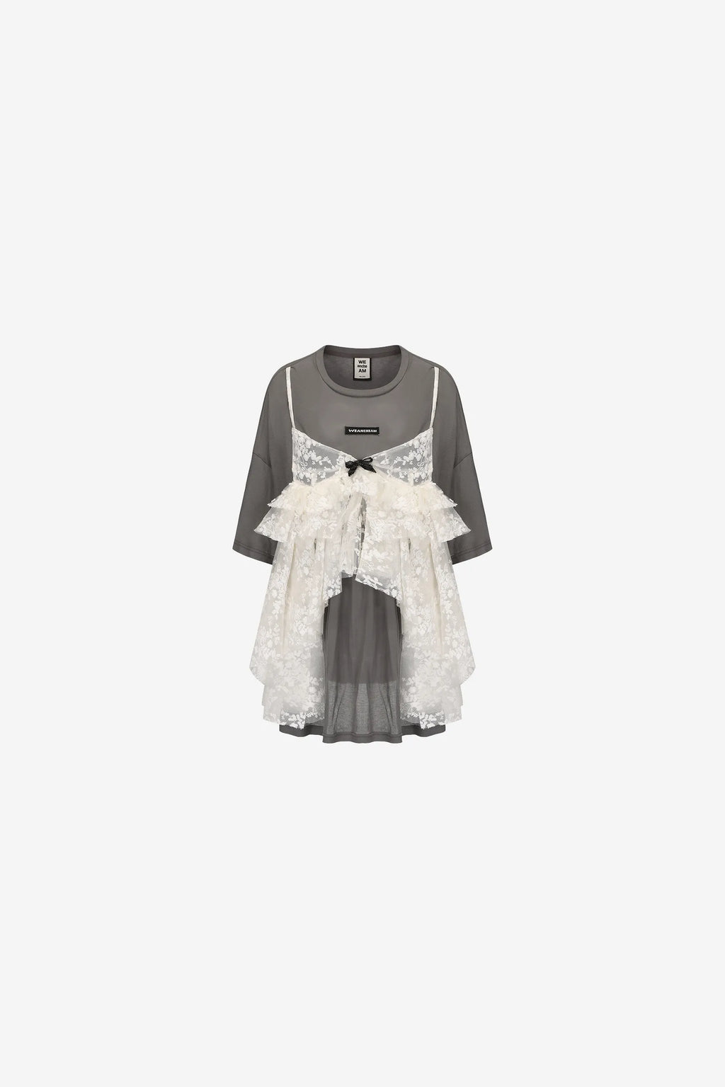 Bow fake two-piece T-shirt with lace halter overlay – WEANCHEAM