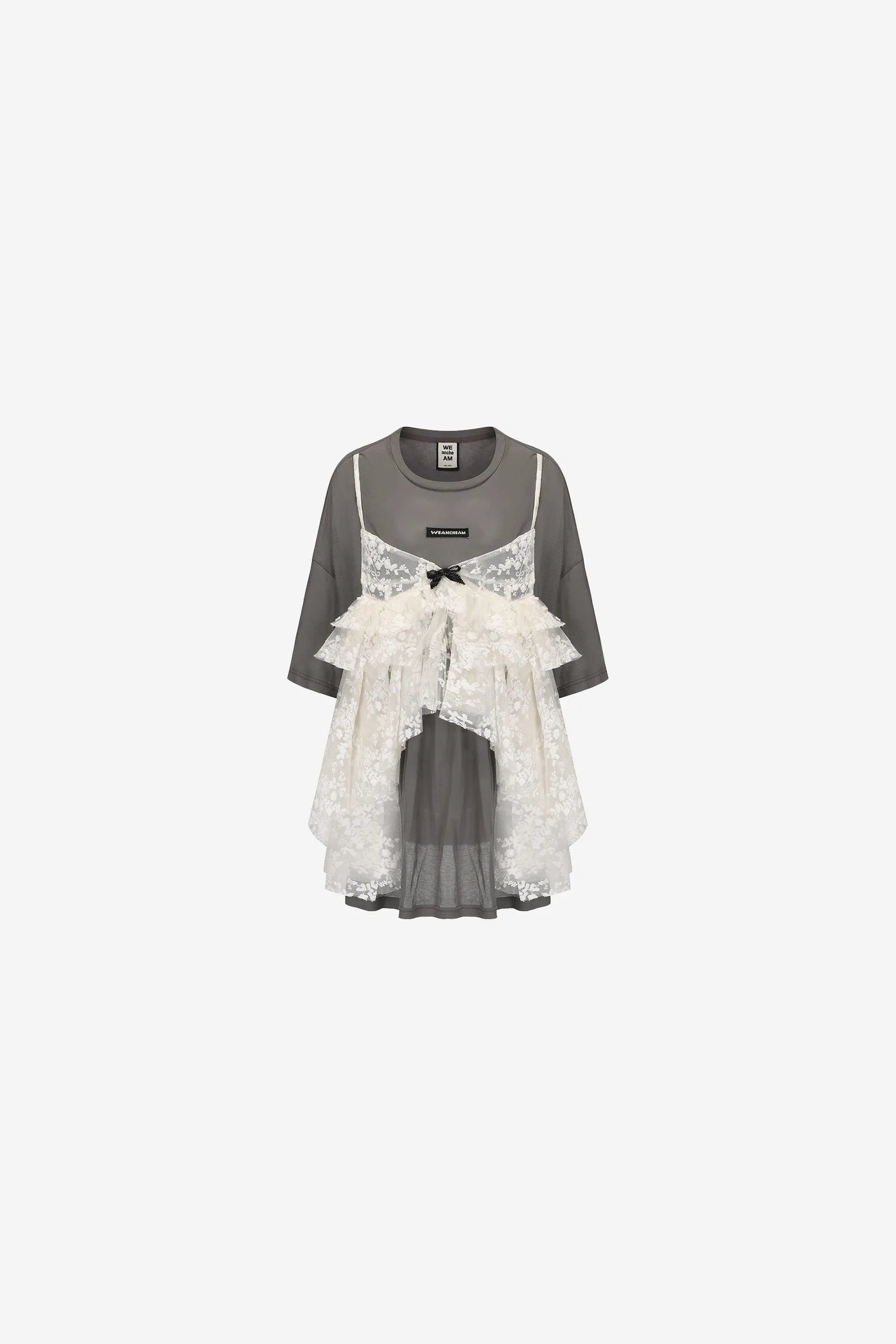 Bow fake two-piece T-shirt with lace halter overlay – WEANCHEAM