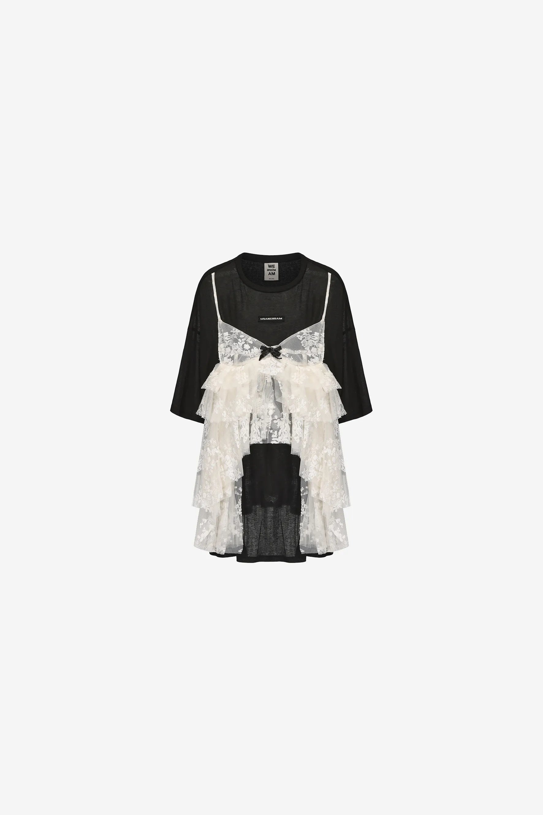 Bow fake two-piece T-shirt with lace halter overlay – WEANCHEAM