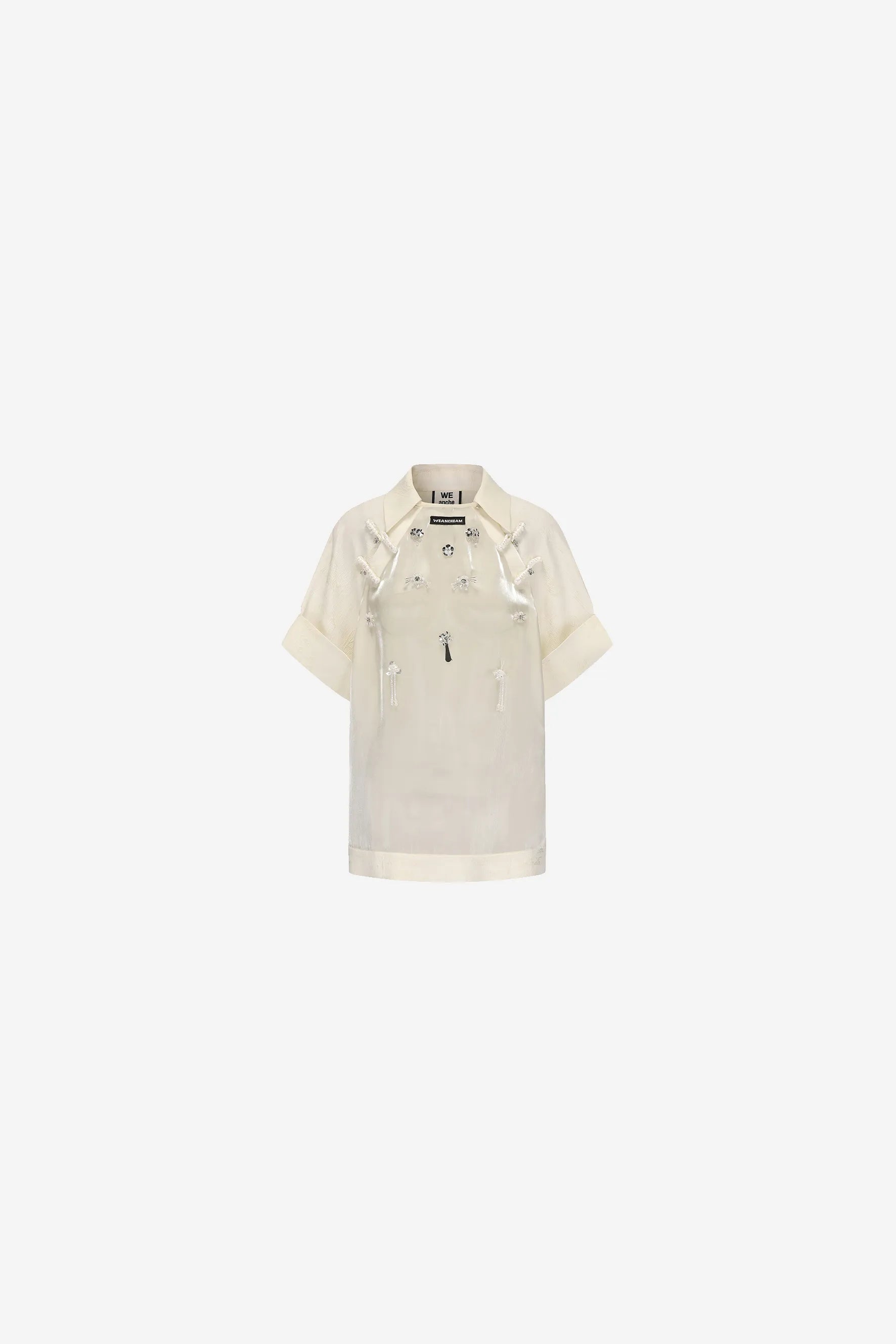 Beaded organza T-shirt with plated button neckline – WEANCHEAM