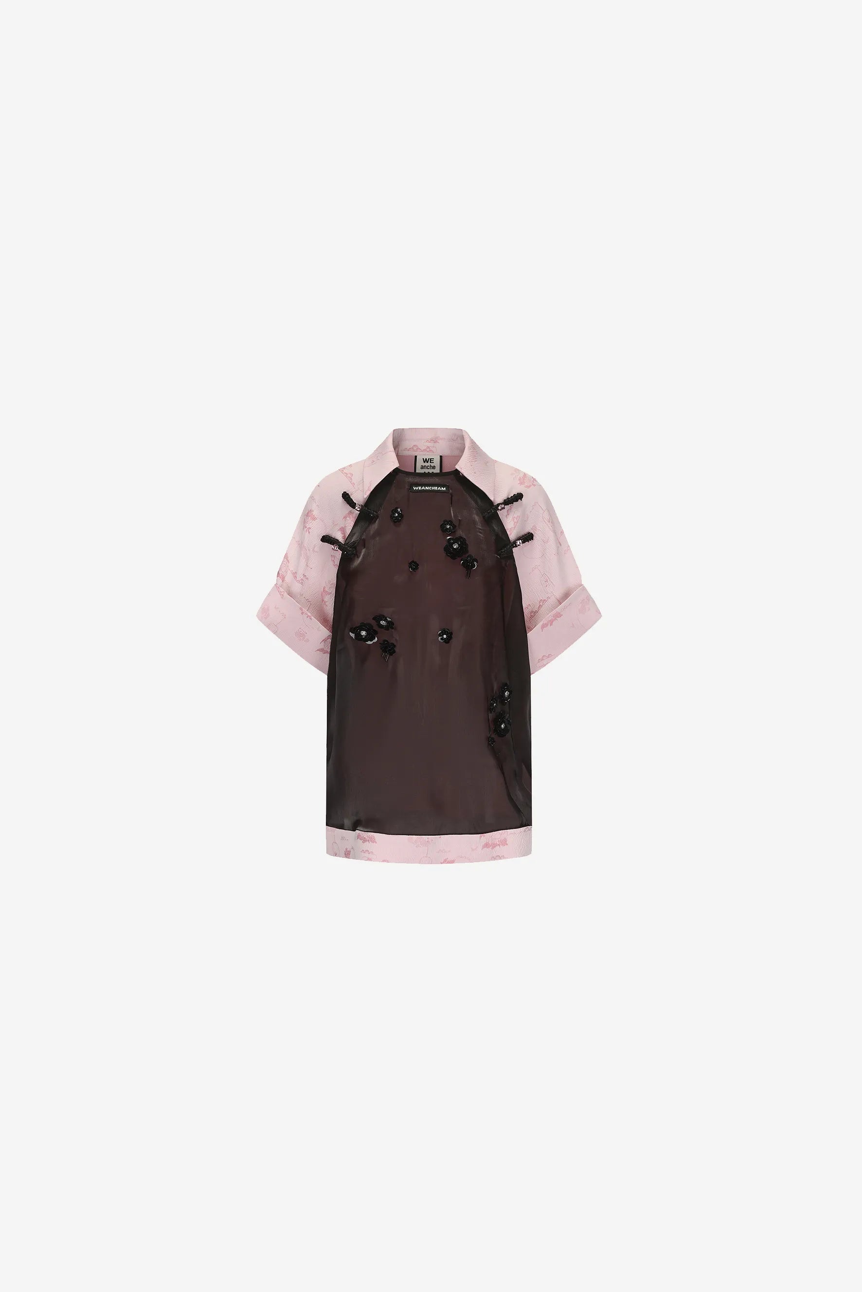 Beaded organza T-shirt with plated button neckline – WEANCHEAM