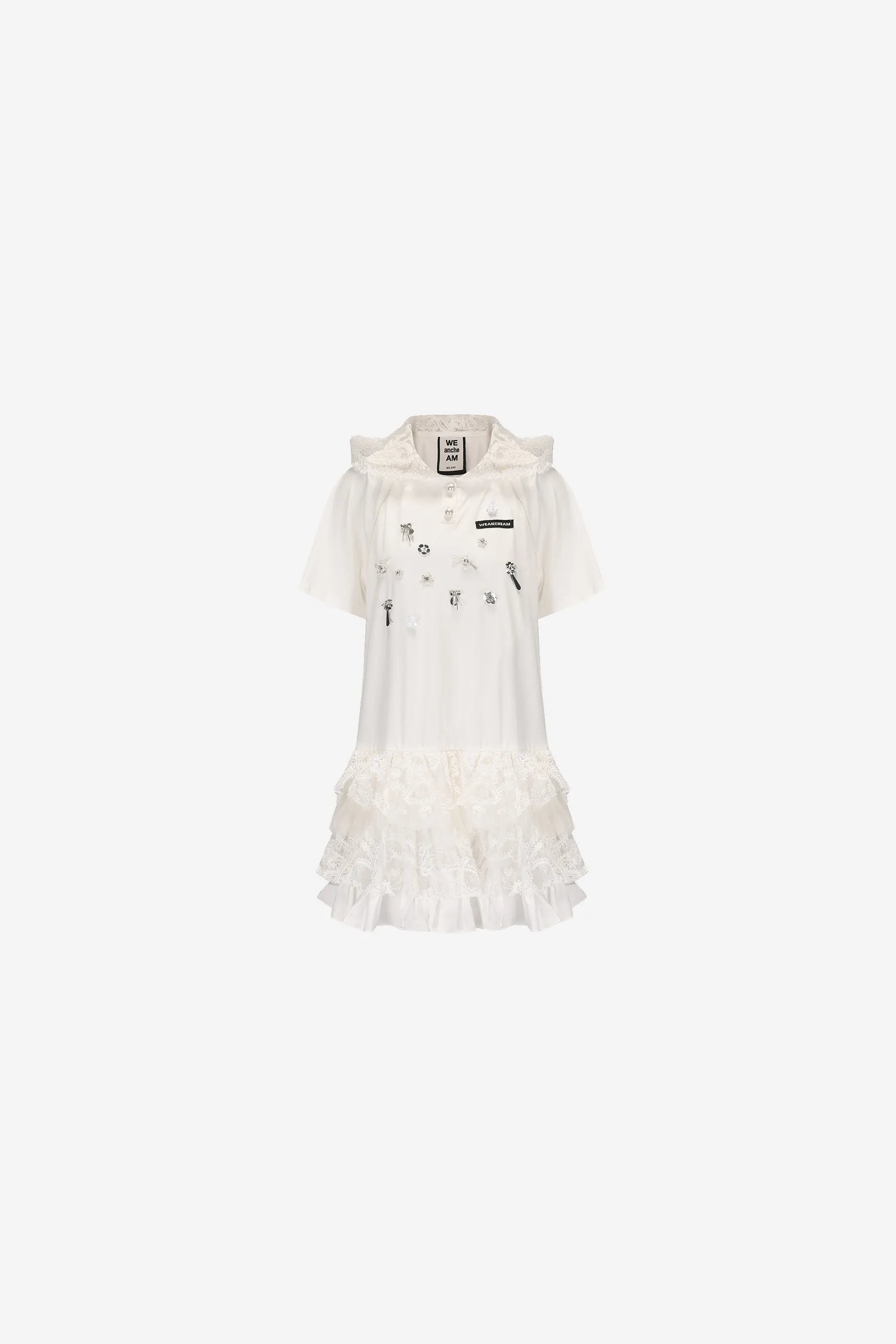 Hooded lace patchwork polo dress with beaded details – WEANCHEAM 
