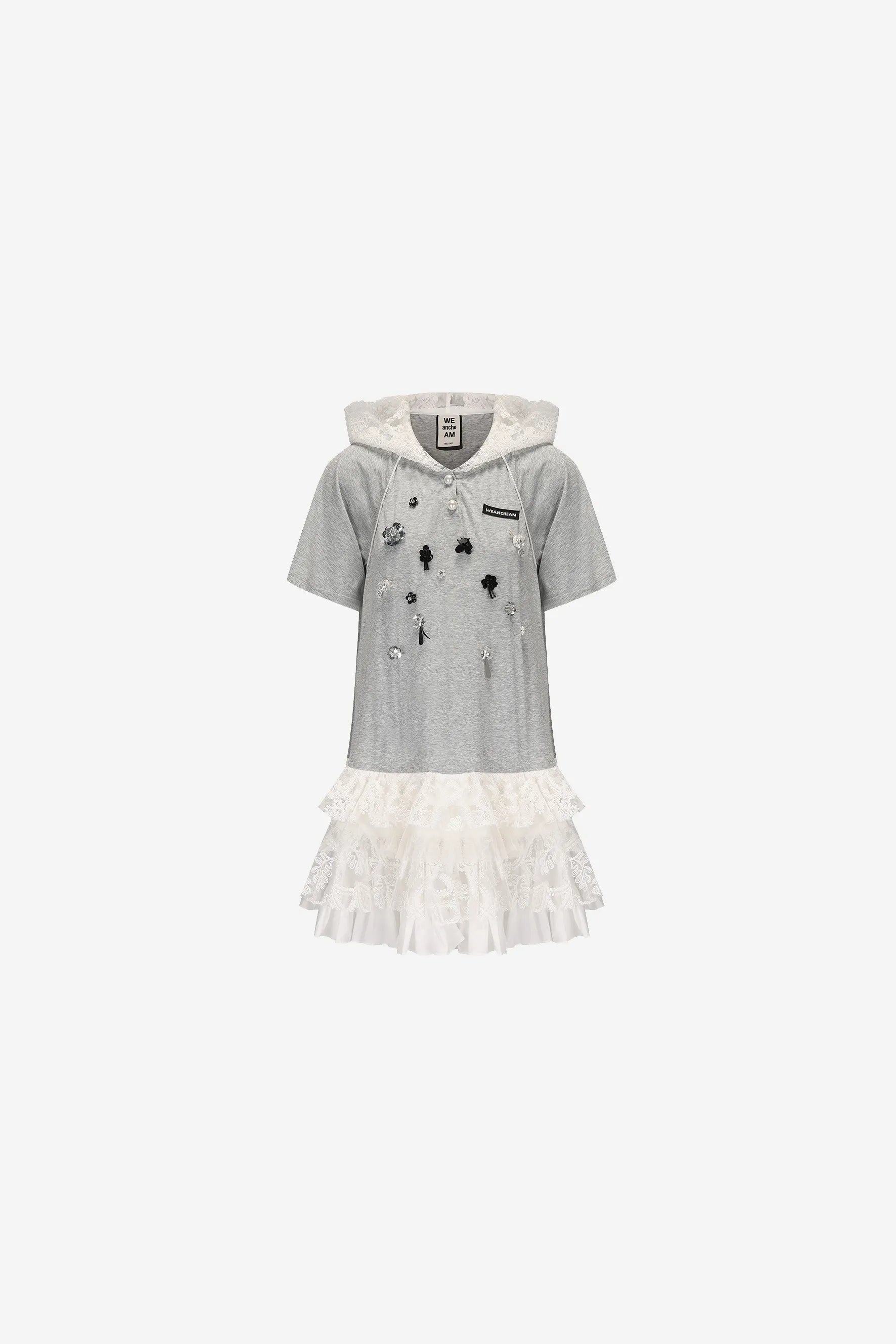 Hooded lace patchwork polo dress with beaded details – WEANCHEAM