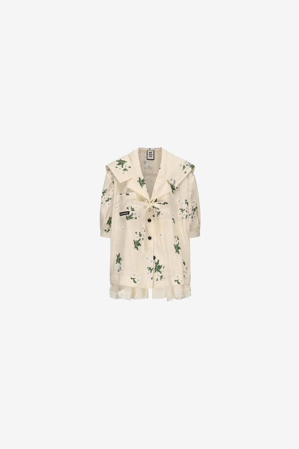 Botanical print blouse with navy collar and pleated patchwork hem – WEANCHEAM