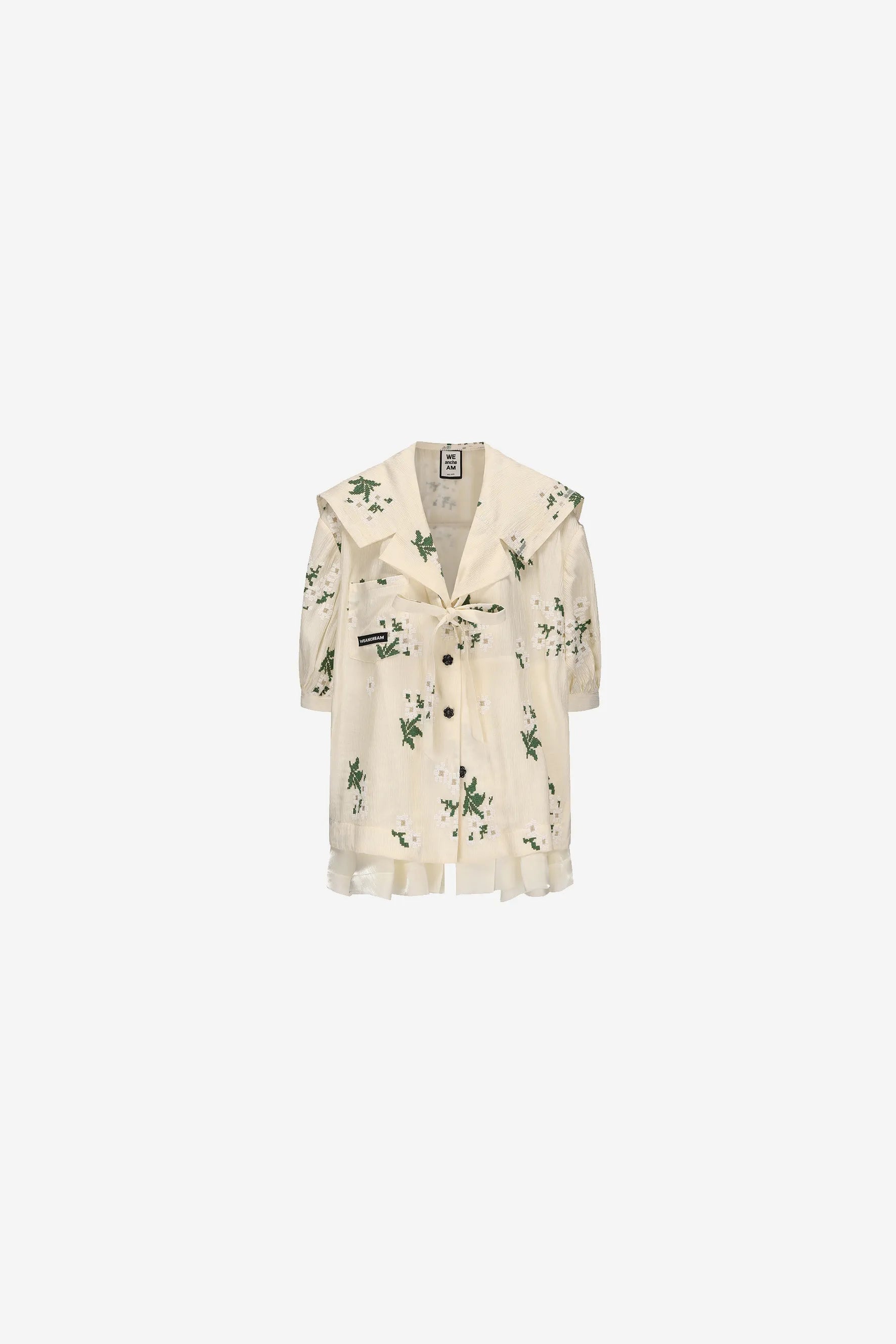 Botanical print blouse with navy collar and pleated patchwork hem – WEANCHEAM