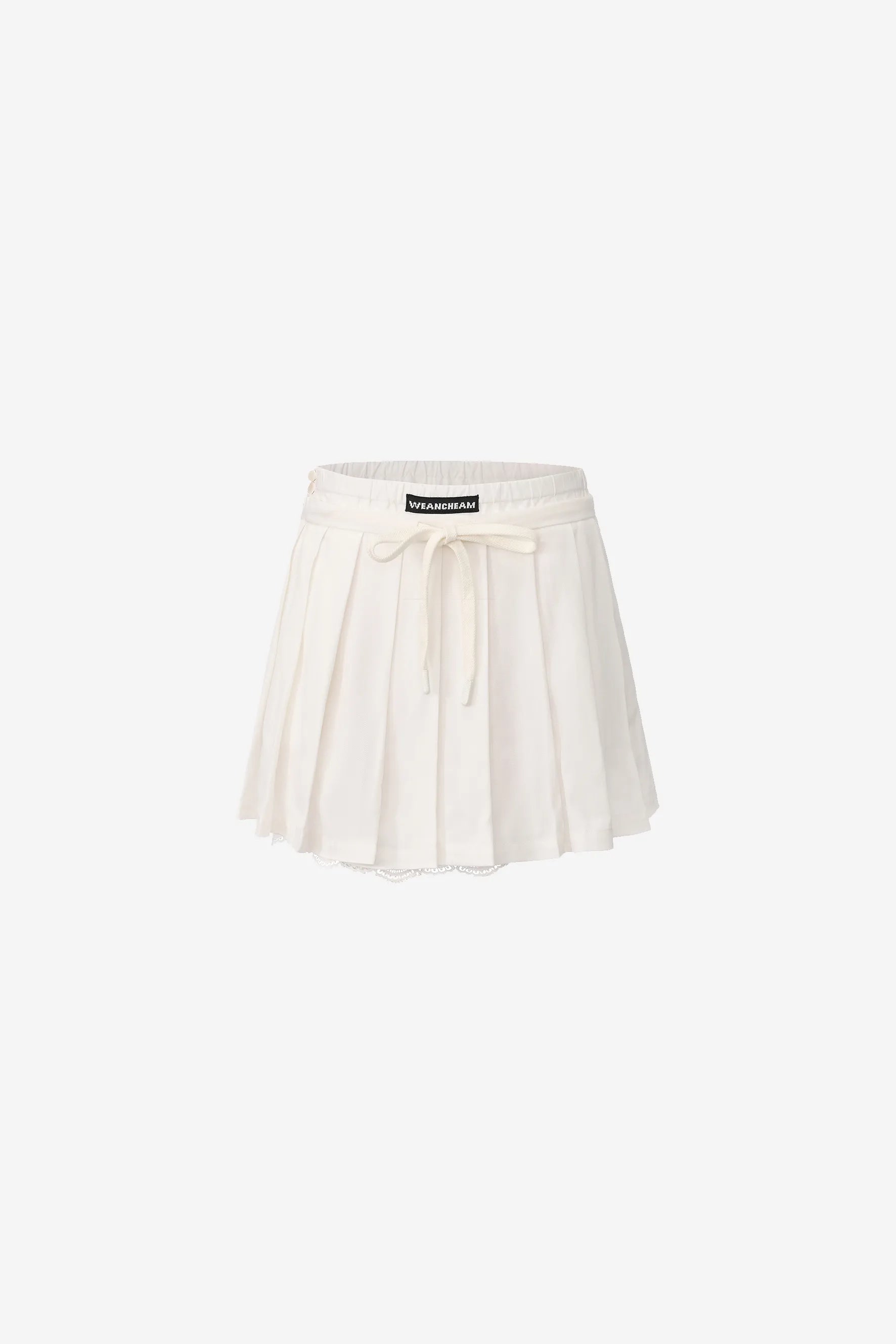 Double waistband pleated mini skirt with checkered contrasts and lace hem – WEANCHEAM