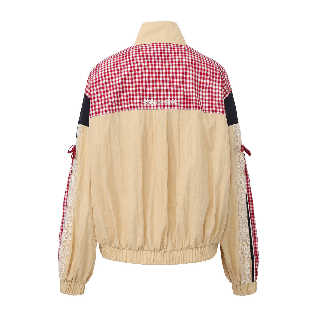 Lace bow patchwork jacket with satin panels and embroidered lace trim – WEANCHEAM