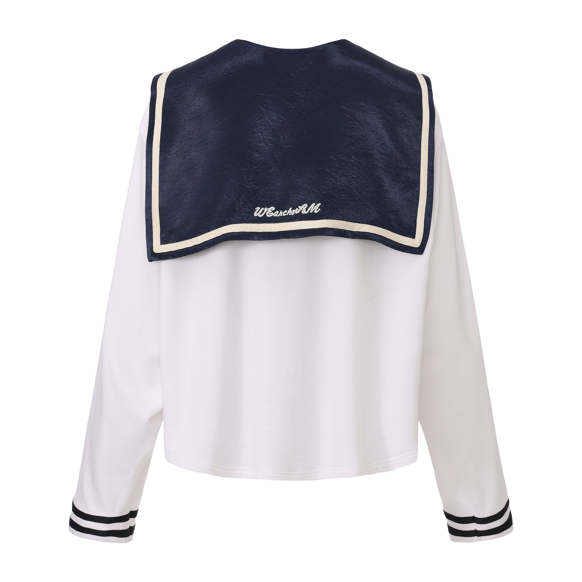 Navy T-shirt with satin collar and silk flower embellishments – WEANCHEAM