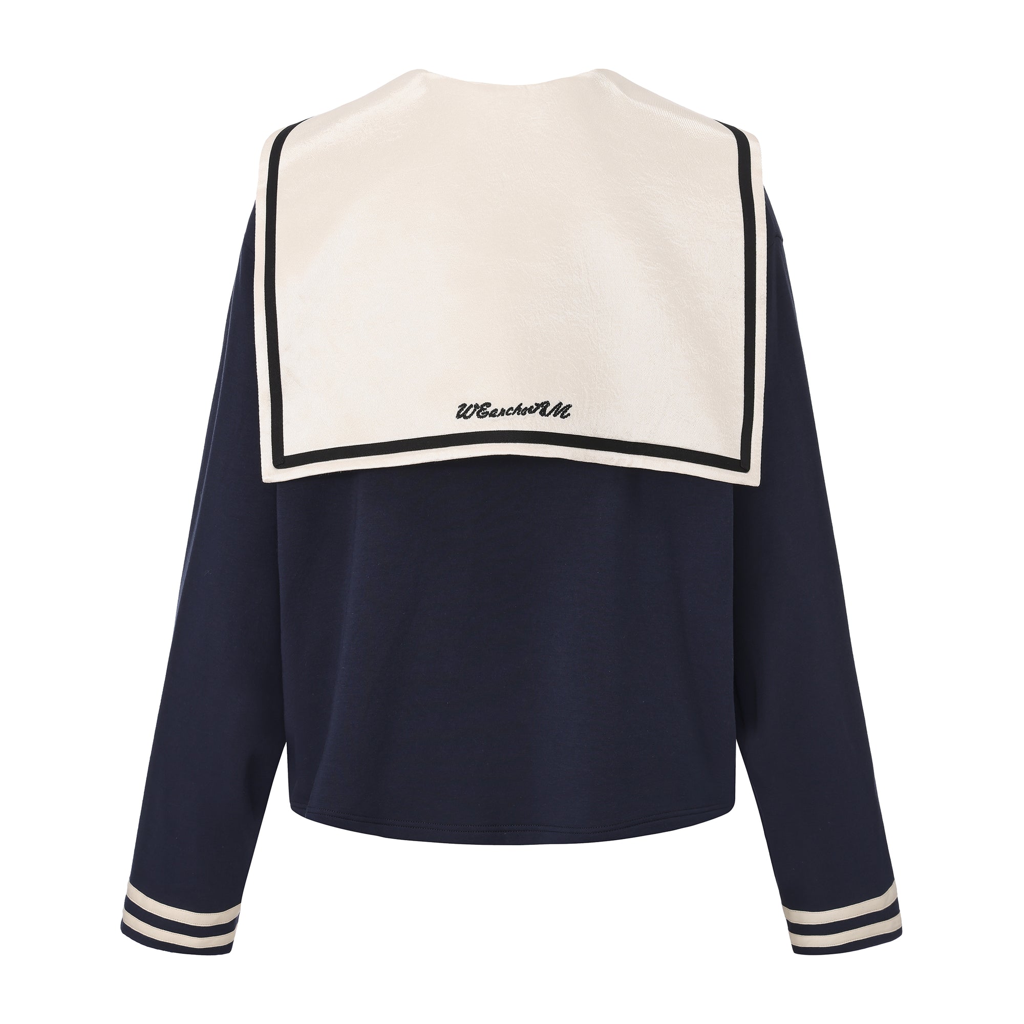 Navy T-shirt with satin collar and silk flower embellishments – WEANCHEAM