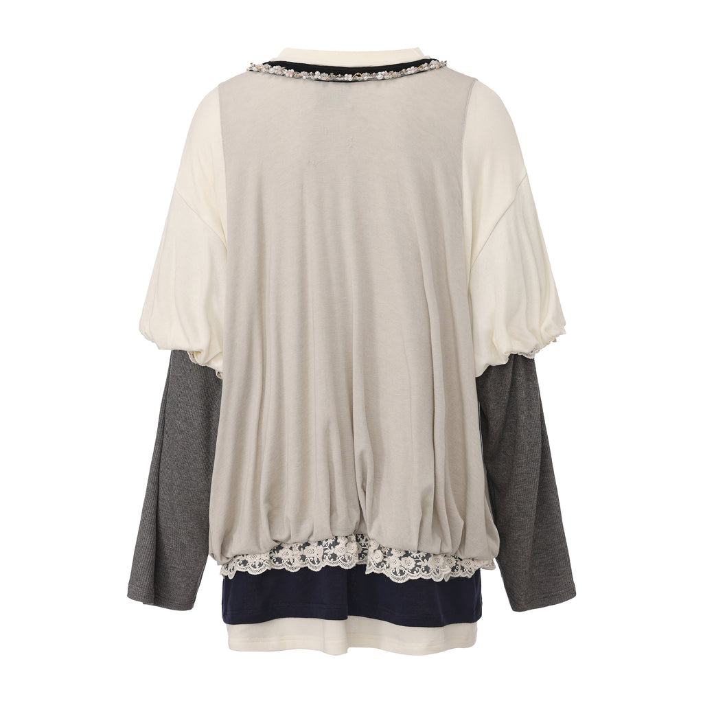 Sports loose-fit long-sleeve faux two-piece T-shirt with color blocking – WEANCHEAM