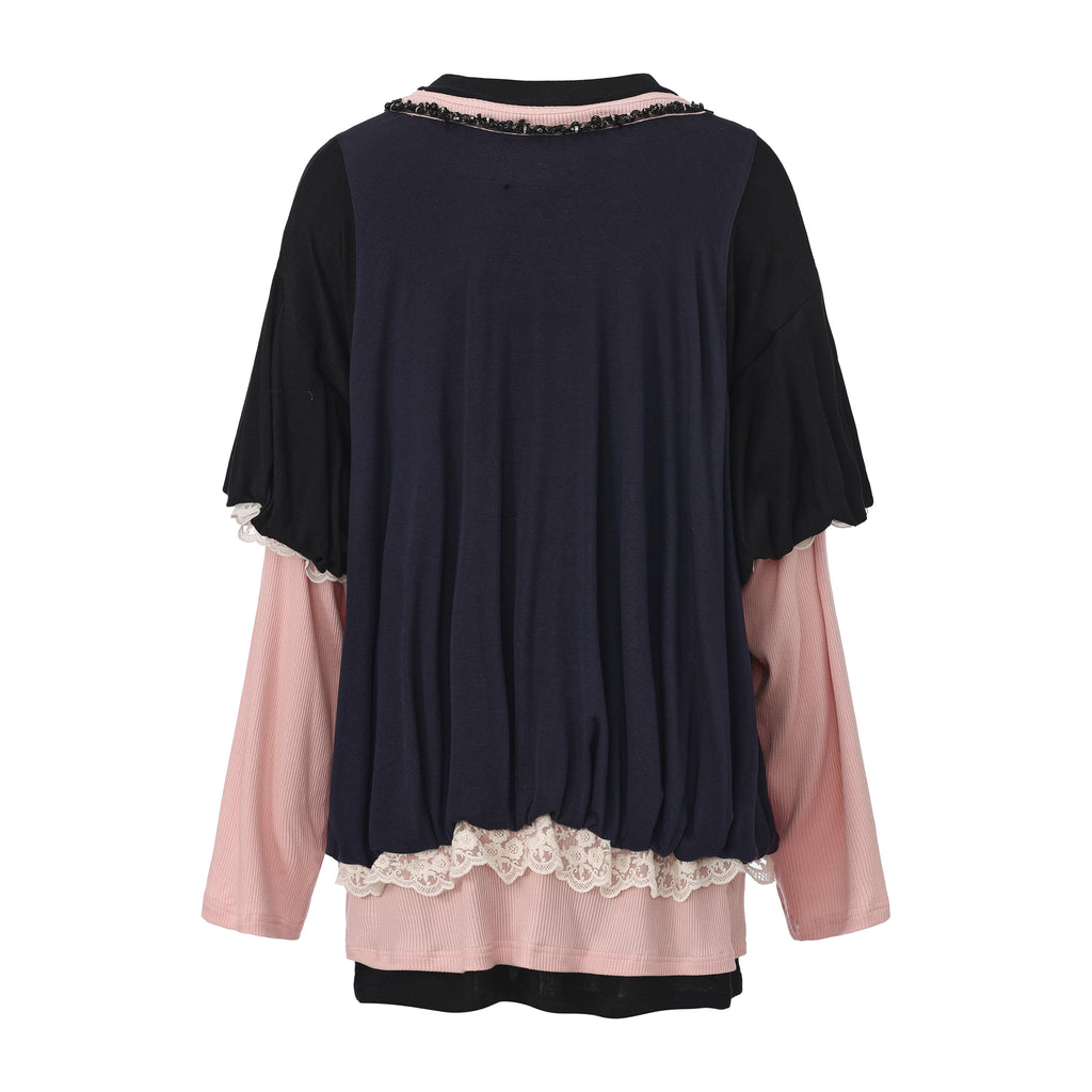 Sports loose-fit long-sleeve faux two-piece T-shirt with color blocking – WEANCHEAM