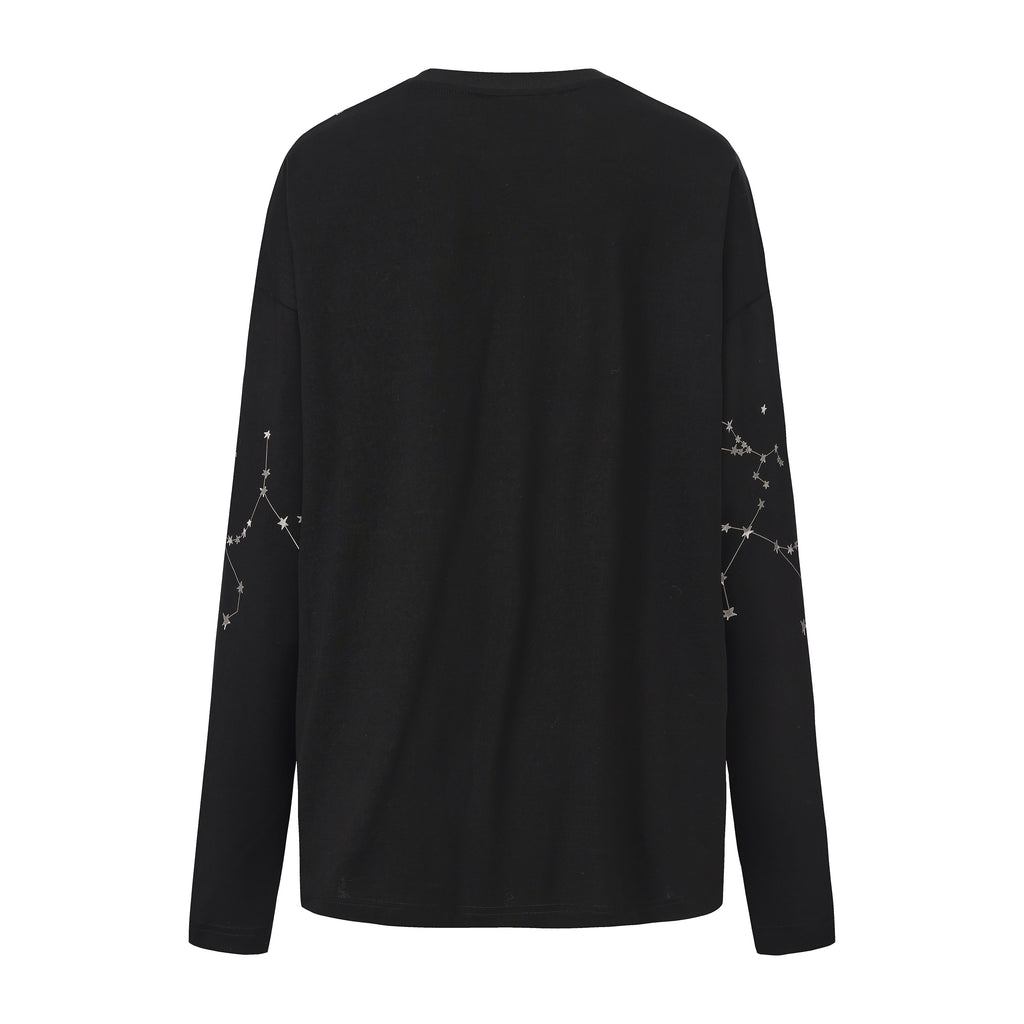Printed rhinestone long-sleeve T-shirt with constellation motifs and crystal stars – WEANCHEAM