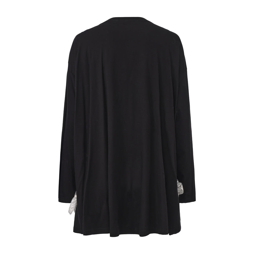 Faux two-piece bow long-sleeve T-shirt with satin overlay and lace hem – WEANCHEAM
