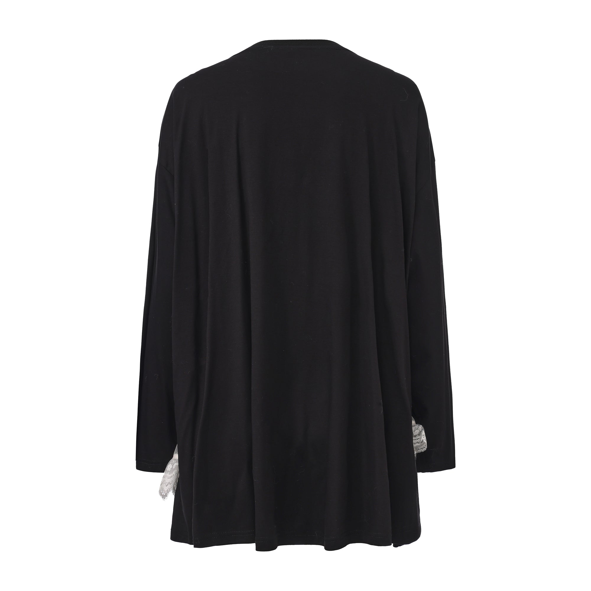 Faux two-piece bow long-sleeve T-shirt with satin overlay and lace hem – WEANCHEAM